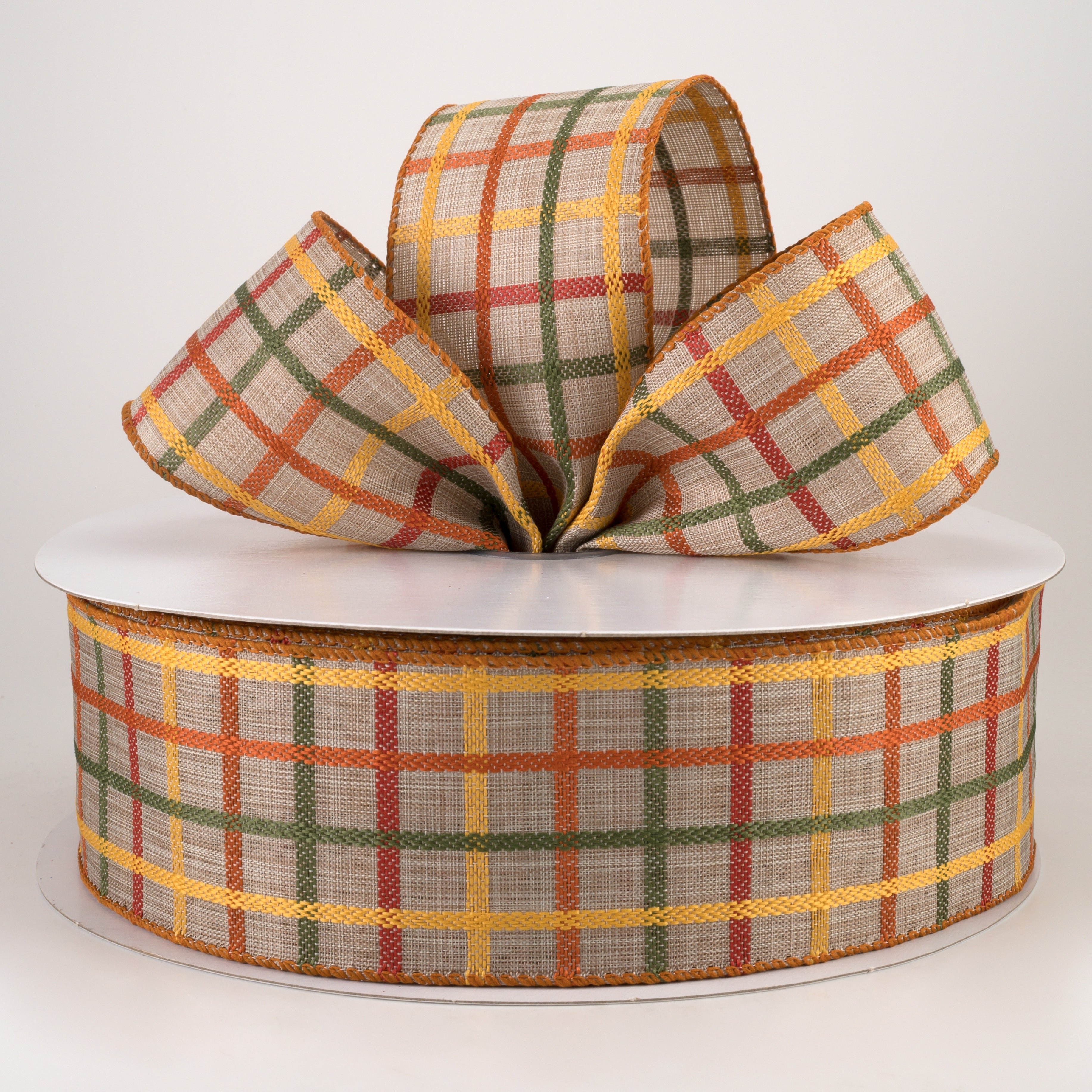 2.5" Woven Trellis Ribbon: Natural, Orange, Yellow, Moss (50 Yards) Lifestyle Photo