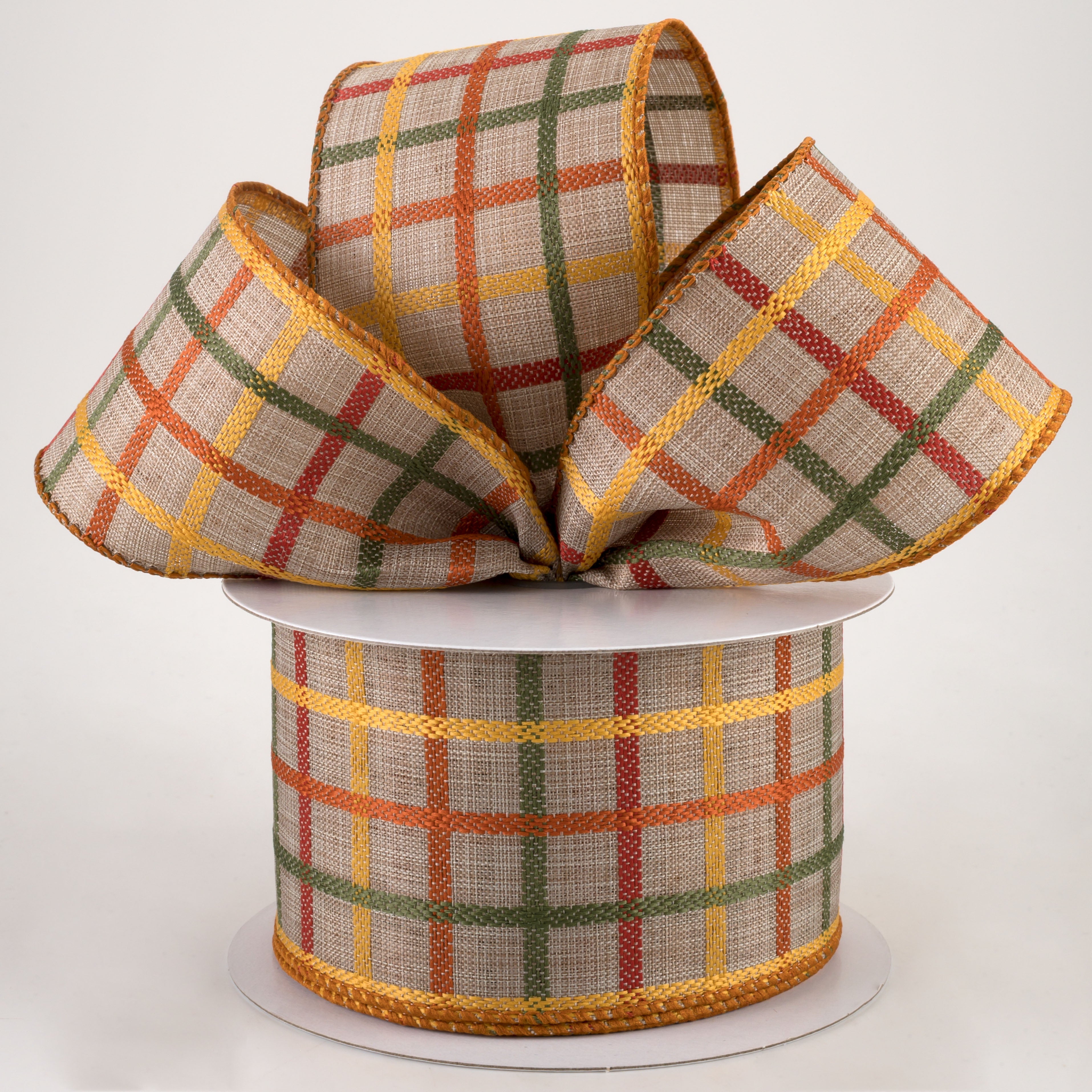 2.5" Woven Trellis Ribbon: Natural, Orange, Yellow, Moss (10 Yards) Lifestyle Photo