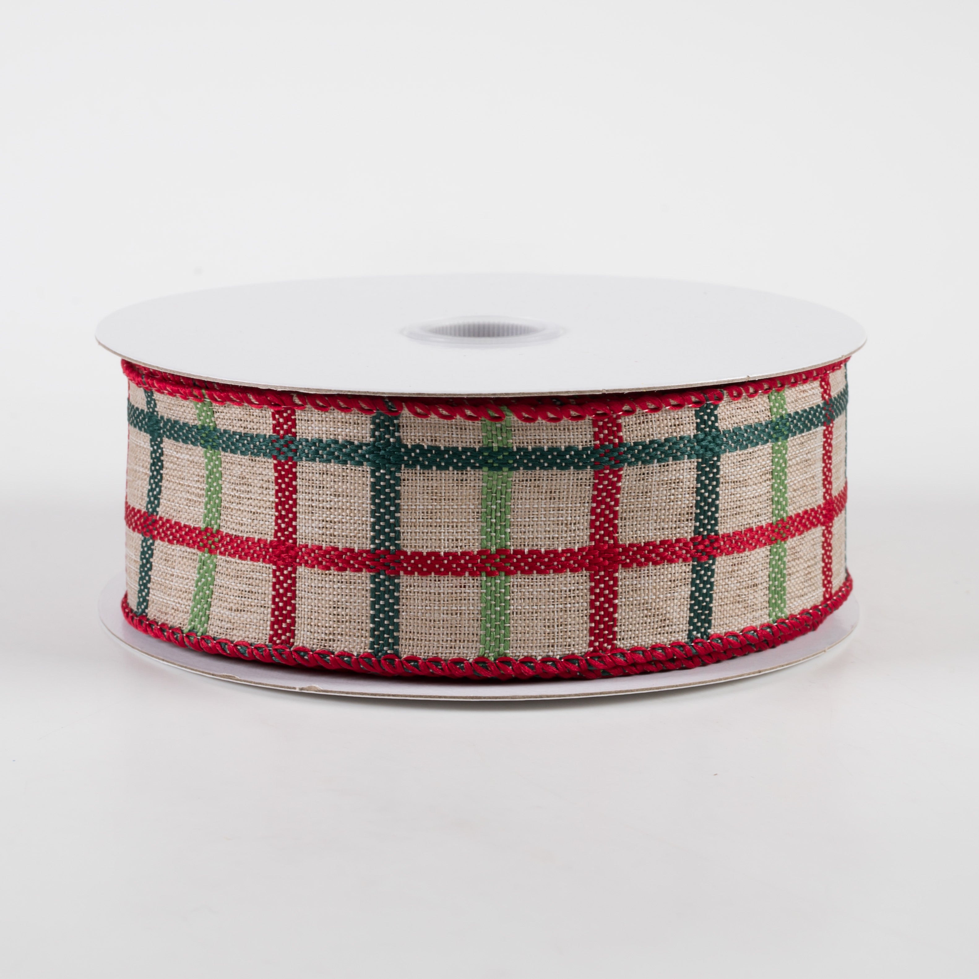 1.5" Woven Trellis Ribbon: Red, Apple & Hunter Green on Natural (10 Yards)