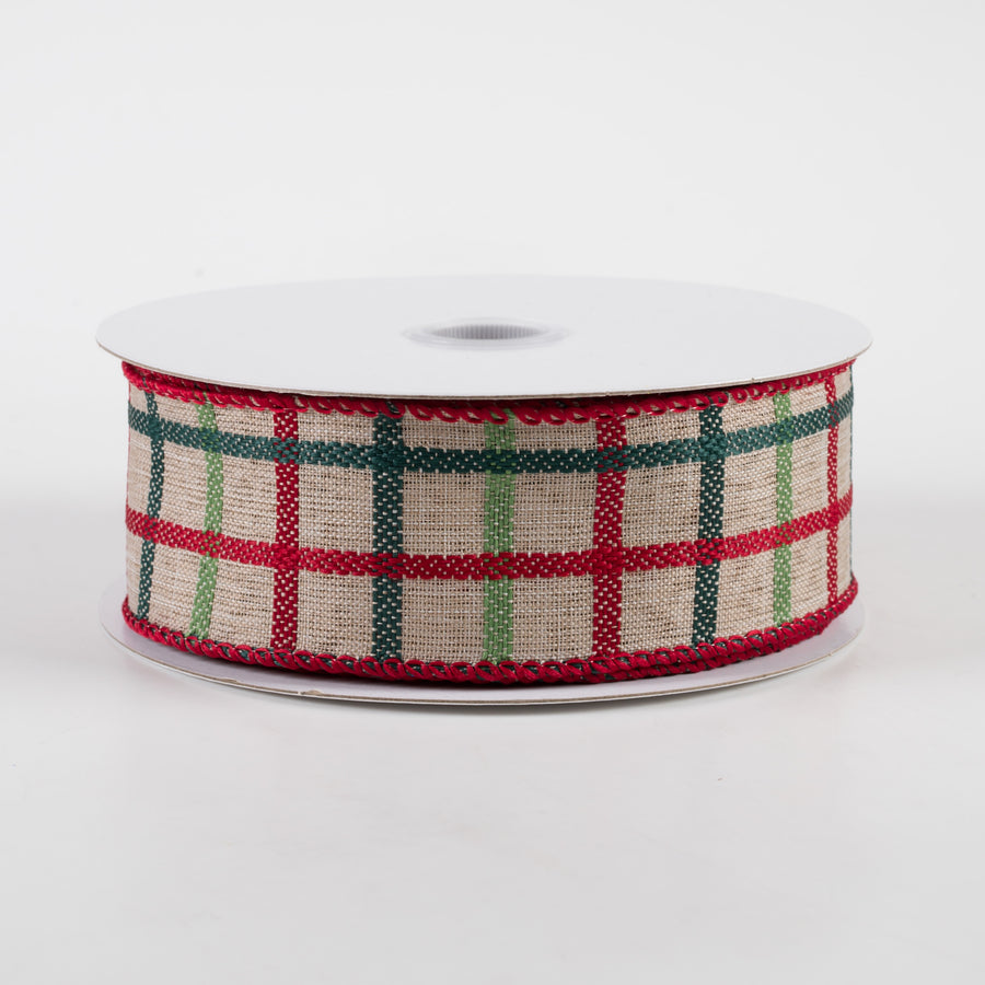 1.5" Woven Trellis Ribbon: Red, Apple & Hunter Green on Natural (10 Yards)