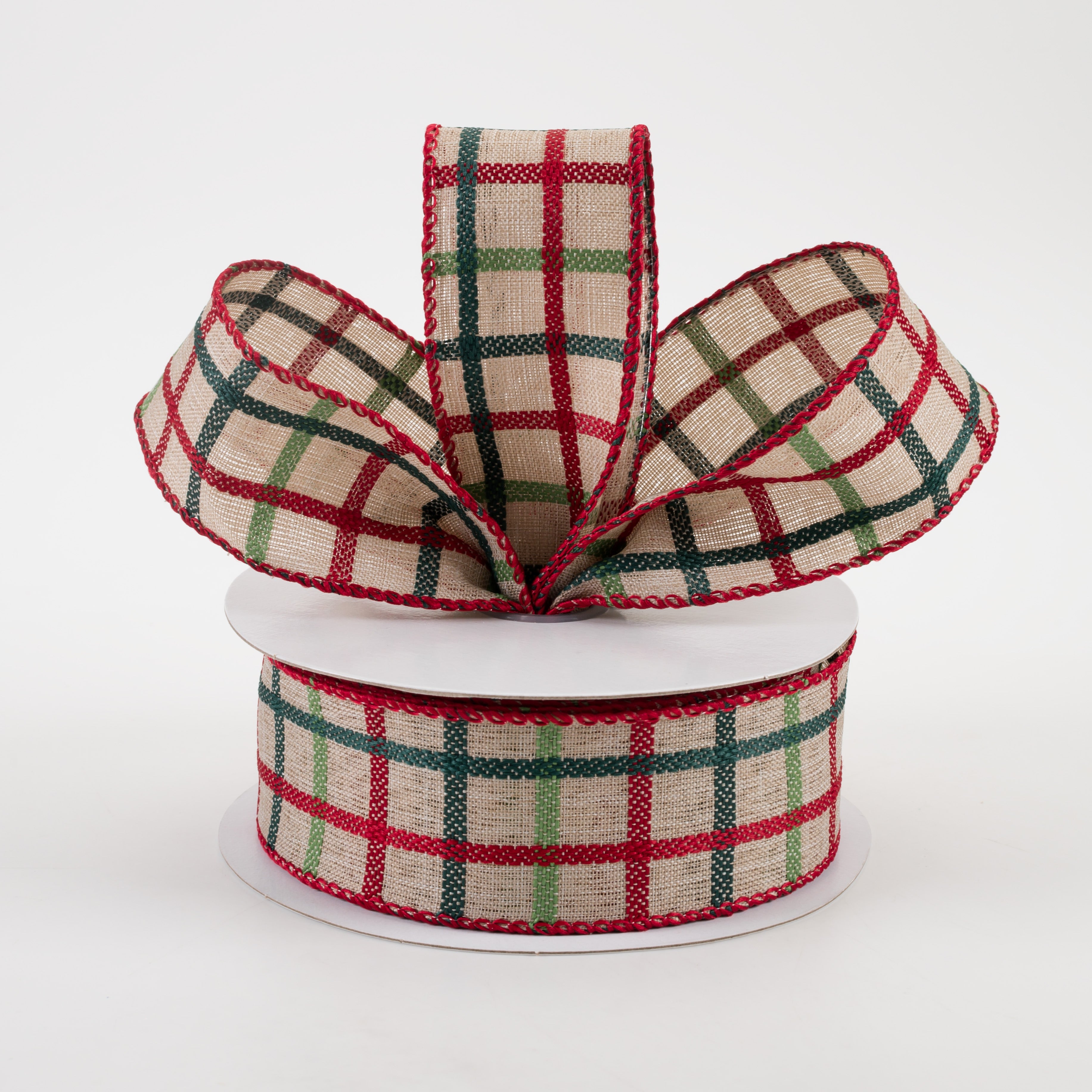 1.5" Woven Trellis Ribbon: Red, Apple & Hunter Green on Natural (10 Yards) Lifestyle Photo