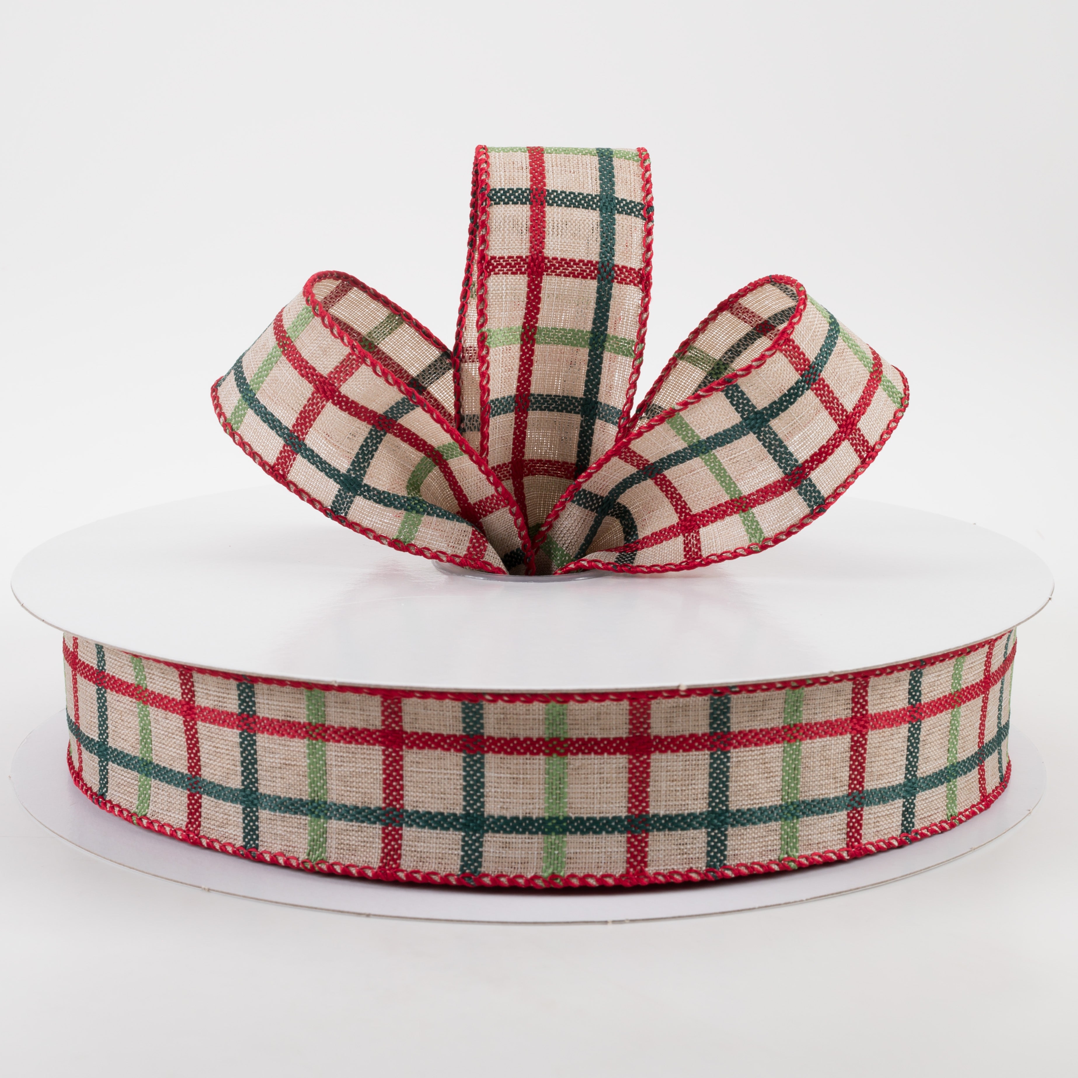 1.5" Woven Trellis Ribbon: Red, Apple & Hunter Green on Natural (50 Yards) Lifestyle Photo