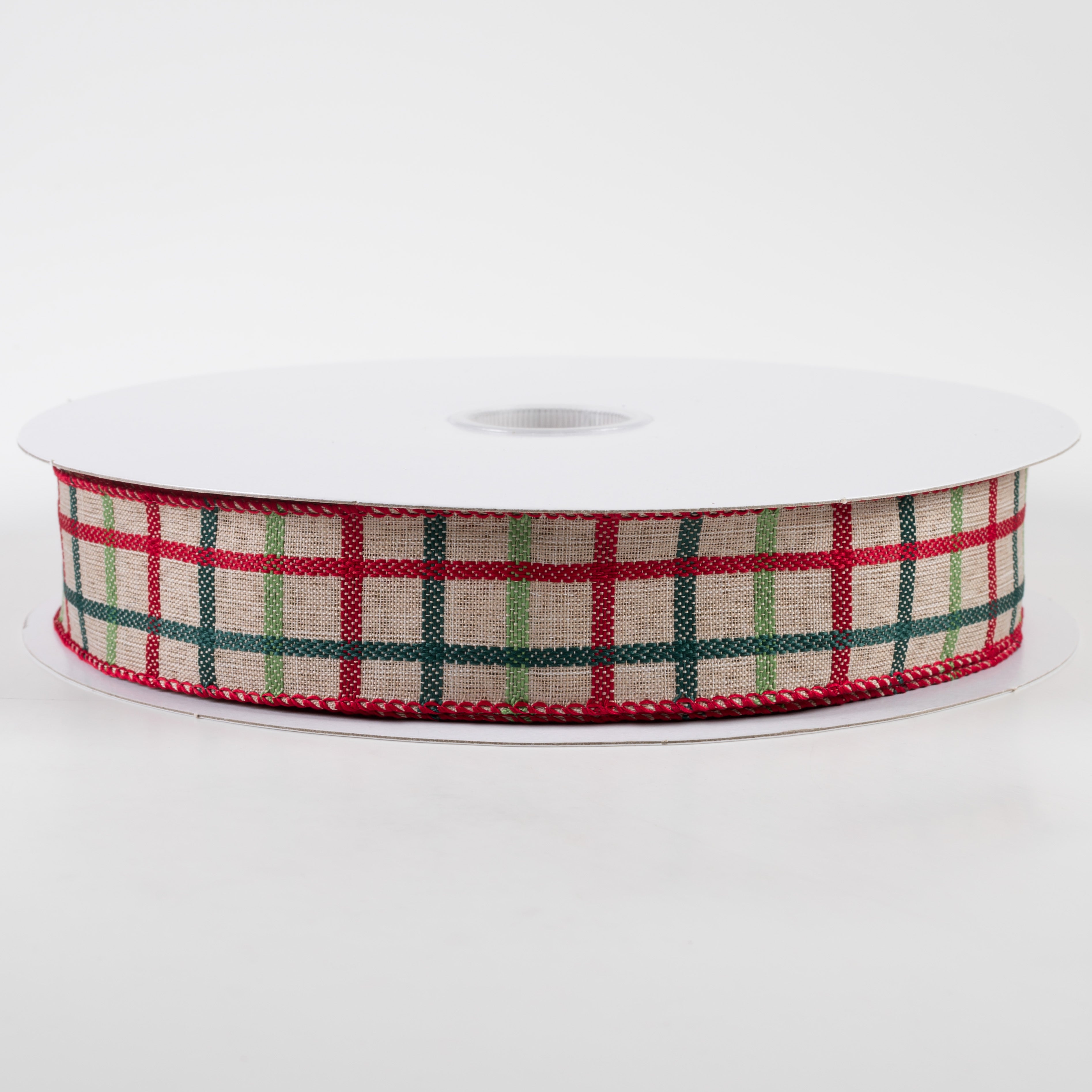 1.5" Woven Trellis Ribbon: Red, Apple & Hunter Green on Natural (50 Yards)