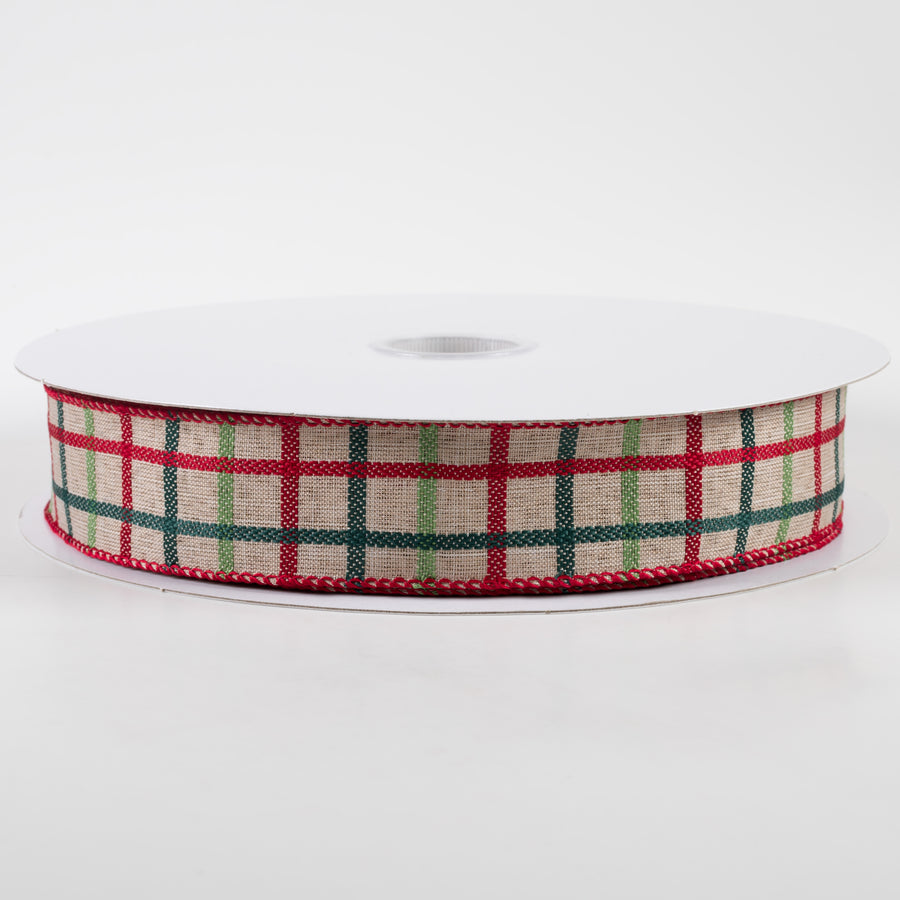 1.5" Woven Trellis Ribbon: Red, Apple & Hunter Green on Natural (50 Yards)