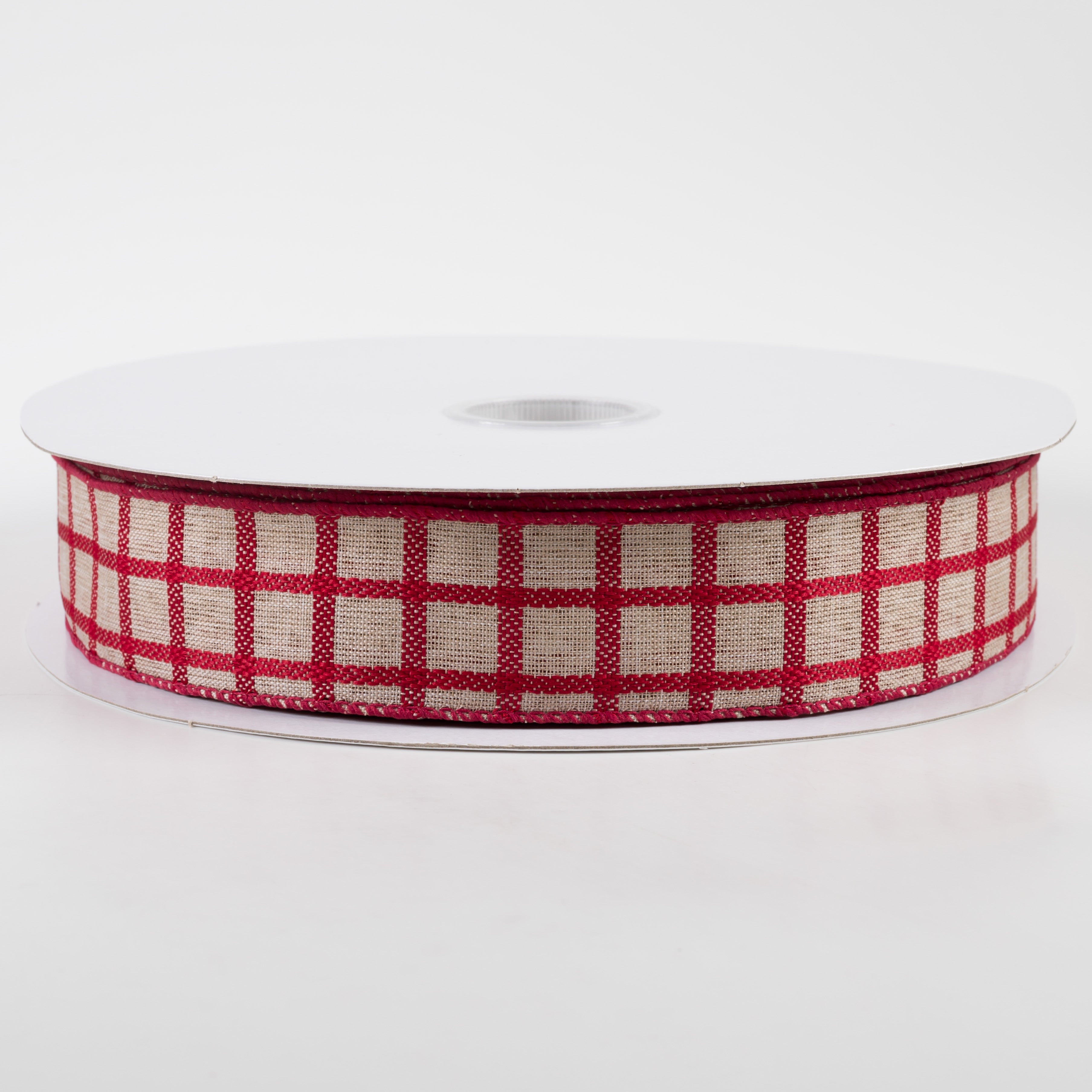 1.5" Woven Trellis Ribbon: Red on Natural (50 Yards).