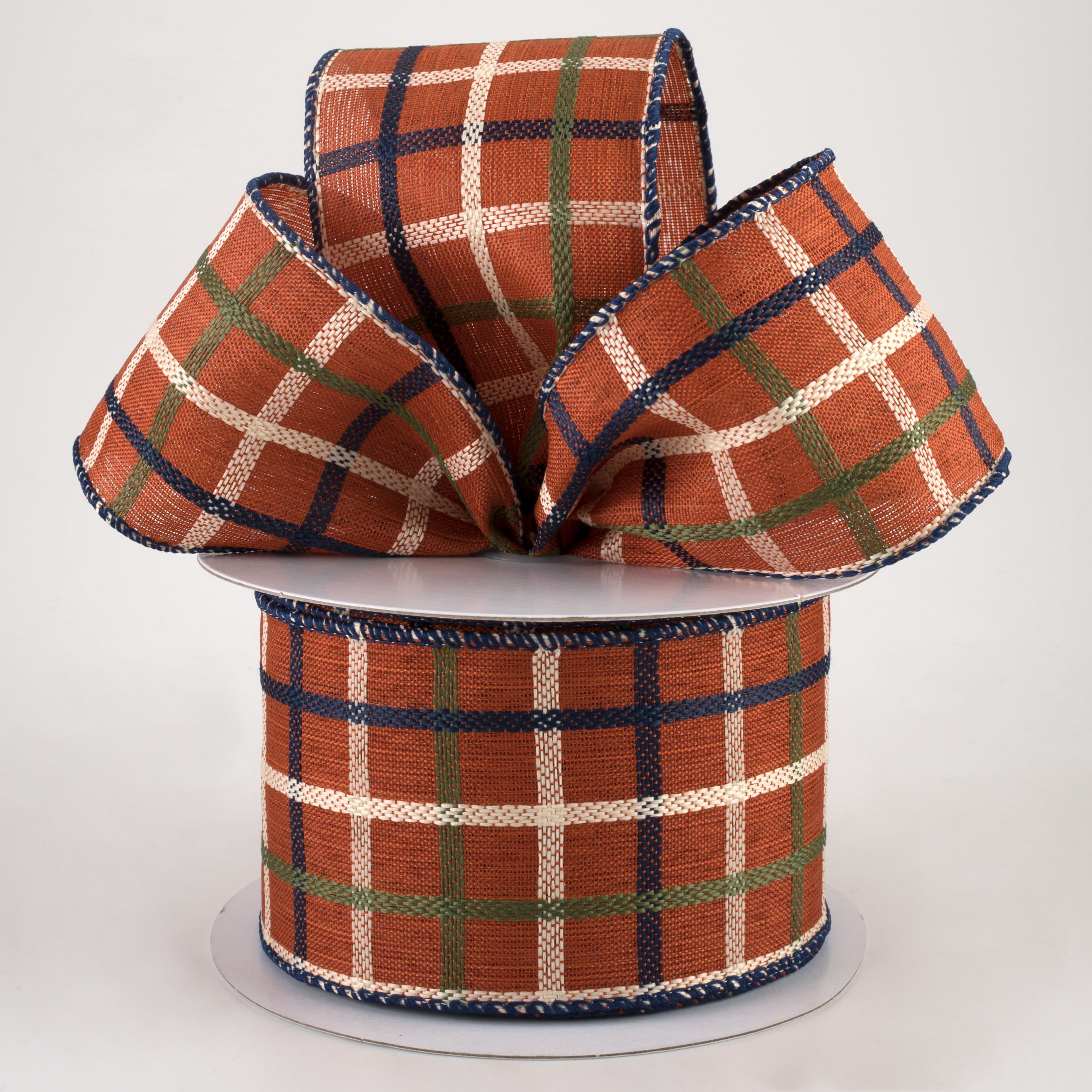 2.5" Woven Trellis Ribbon: Rust, Moss, Navy, Cream (10 Yards) Lifestyle Photo
