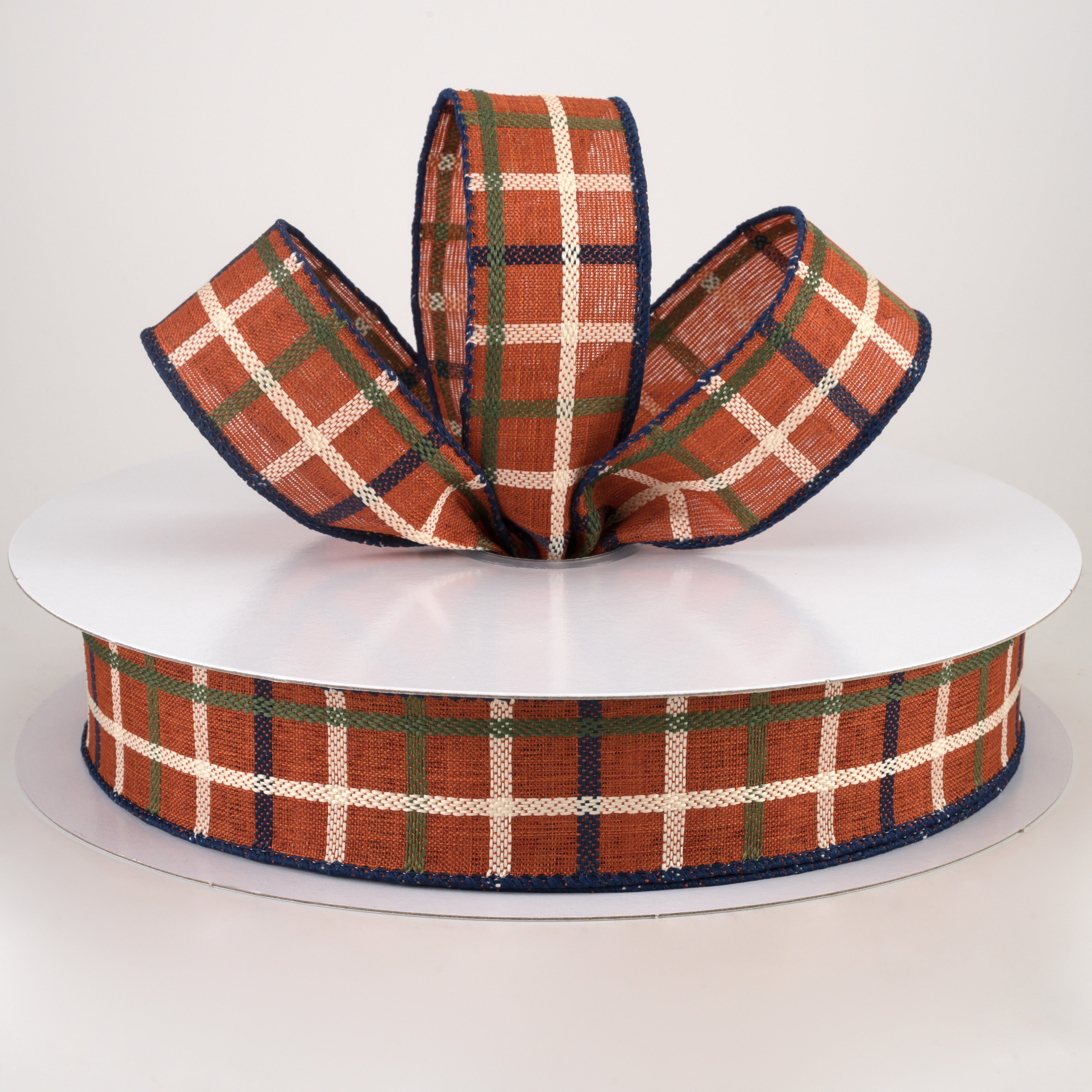 1.5" Woven Trellis Ribbon: Rust, Moss, Navy, Cream (50 Yards) Lifestyle Photo