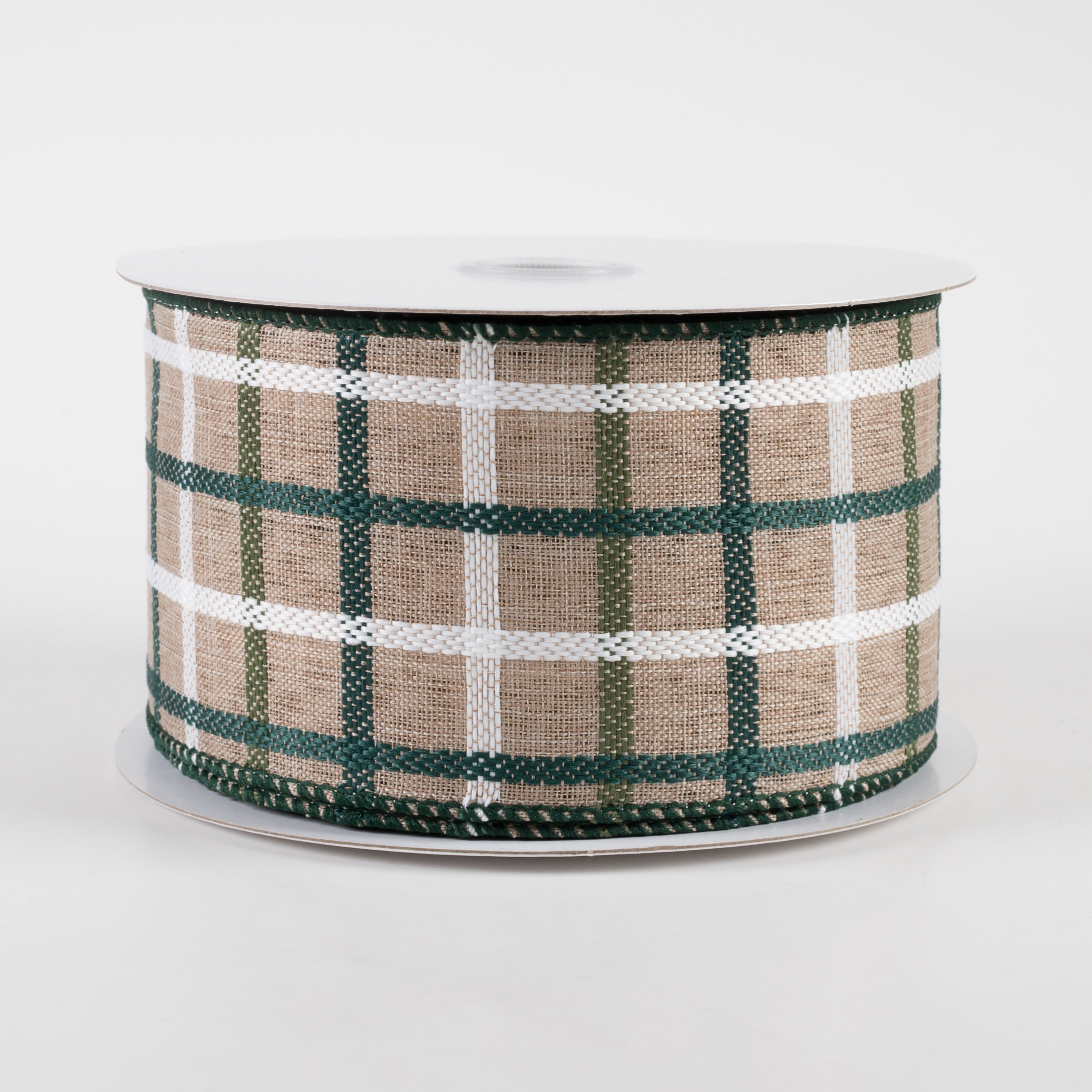 2.5" Woven Trellis Ribbon: White, Moss & Hunter Green on Natura (10 Yards) Item Number: 71219-40-08
