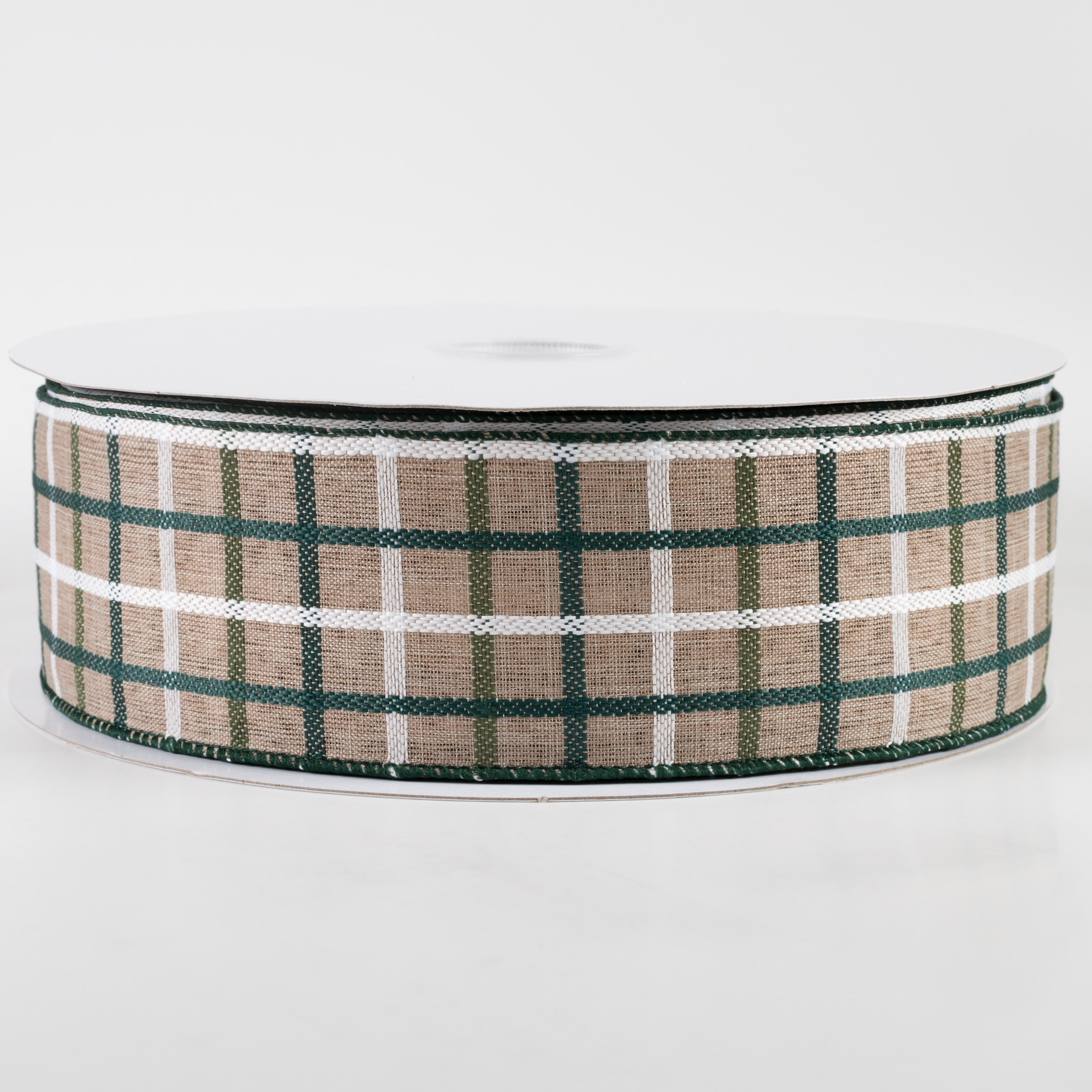 2.5" Woven Trellis Ribbon: White, Moss & Hunter Green on Natural (50 Yards)