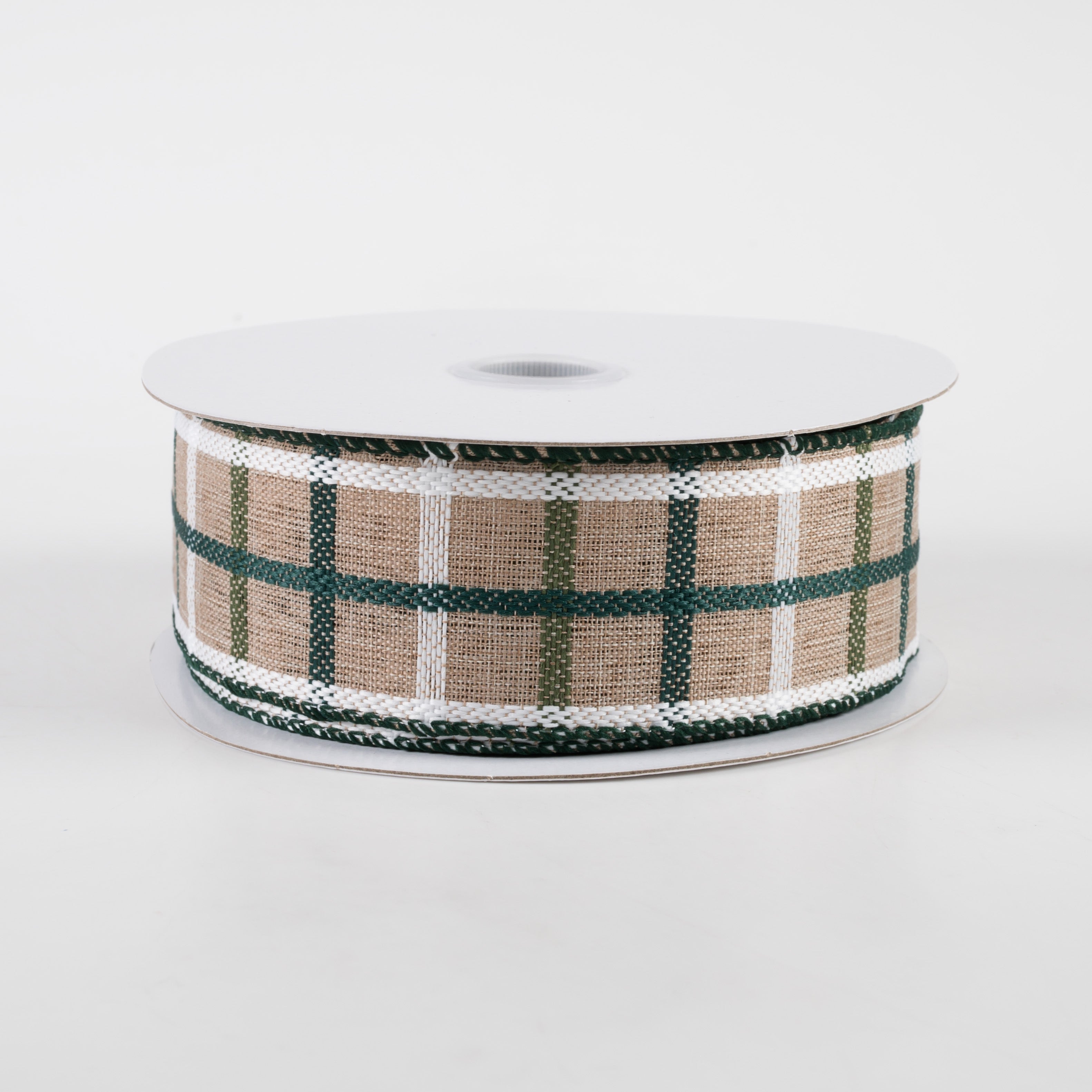 1.5" Woven Trellis Ribbon: White, Moss & Hunter Green on Natural (10 Yards)