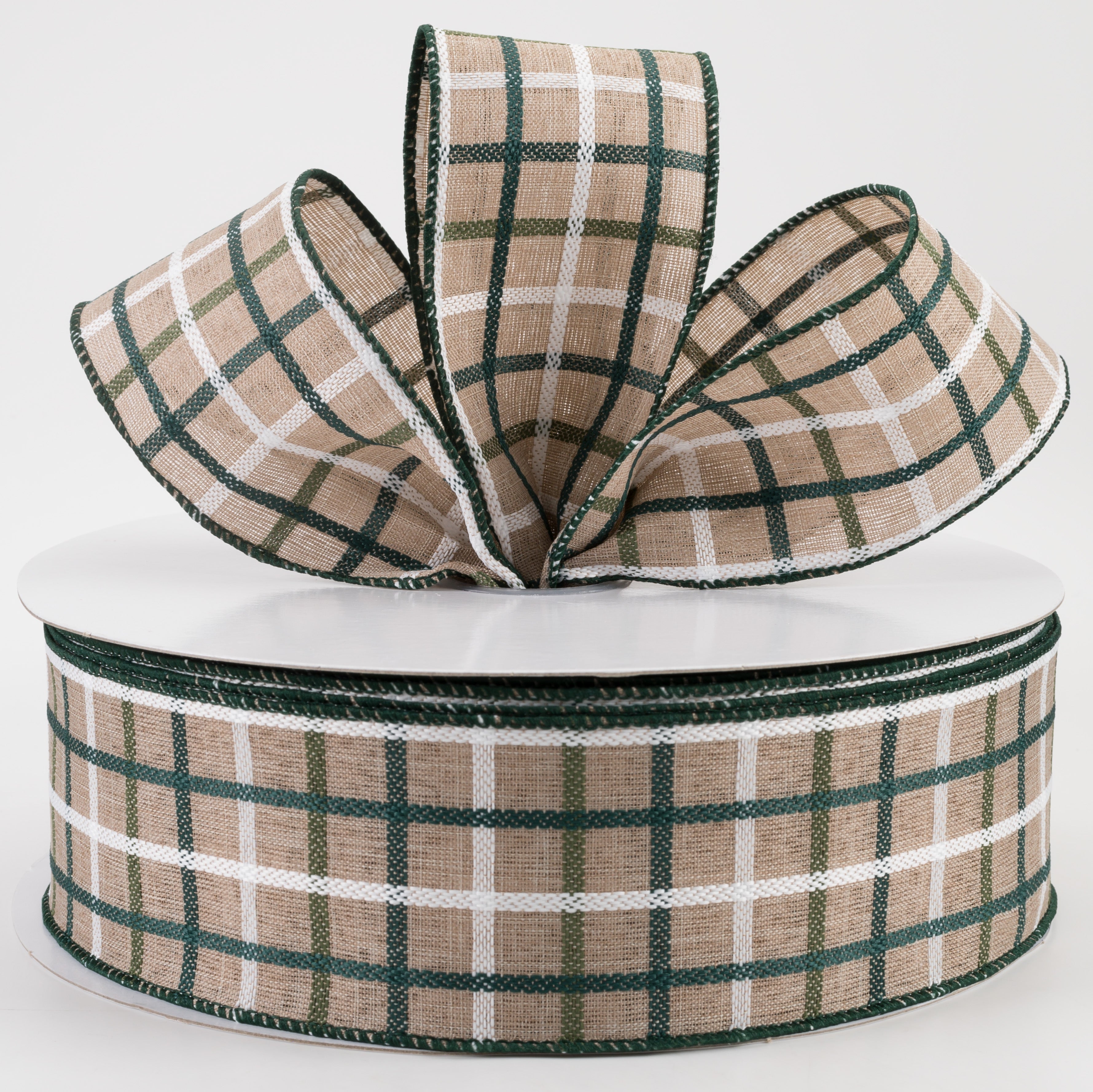 2.5" Woven Trellis Ribbon: White, Moss & Hunter Green on Natural (50 Yards) Lifestyle Photo