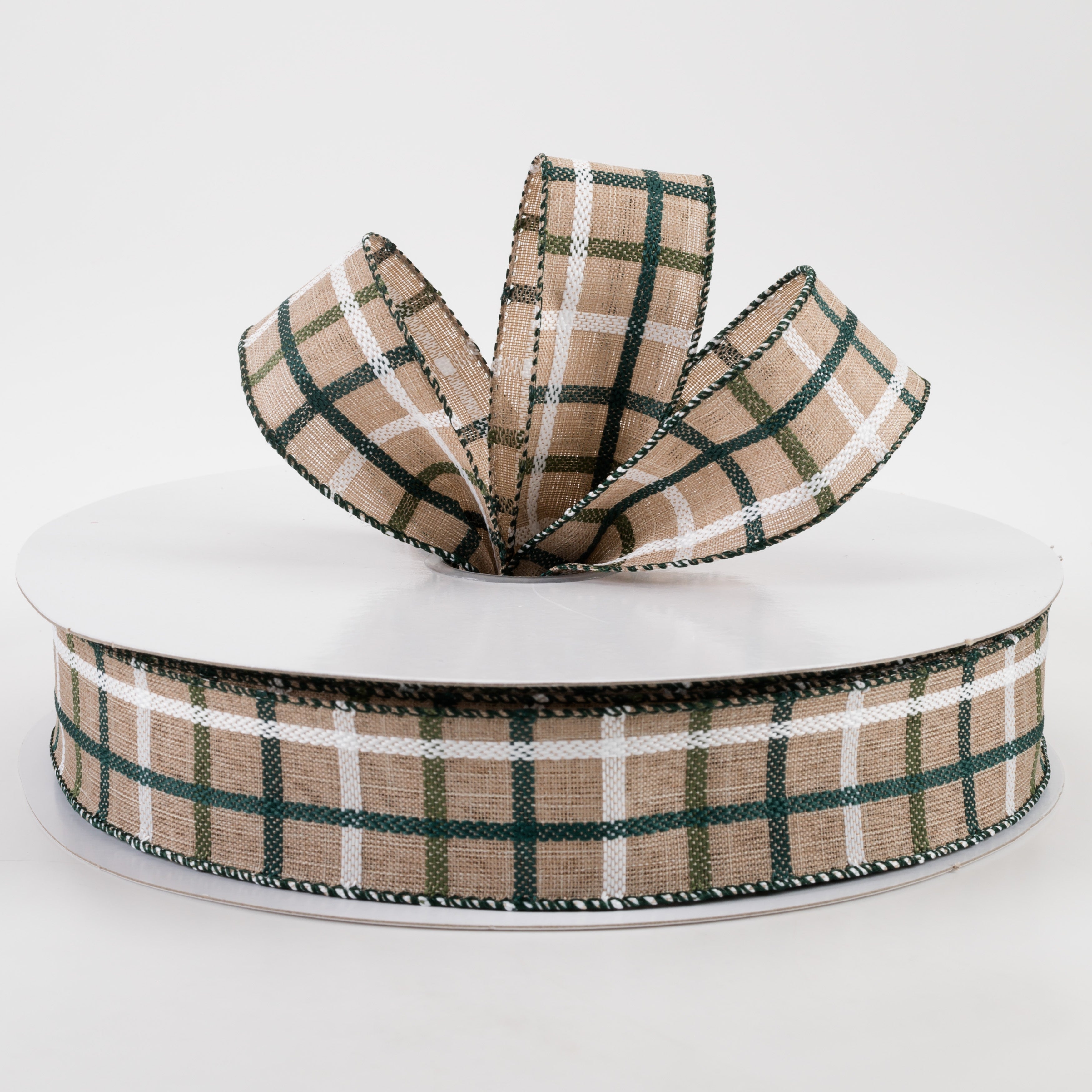 1.5" Woven Trellis Ribbon: White, Moss & Hunter Green on Natural (50 Yards) Lifestyle Photo