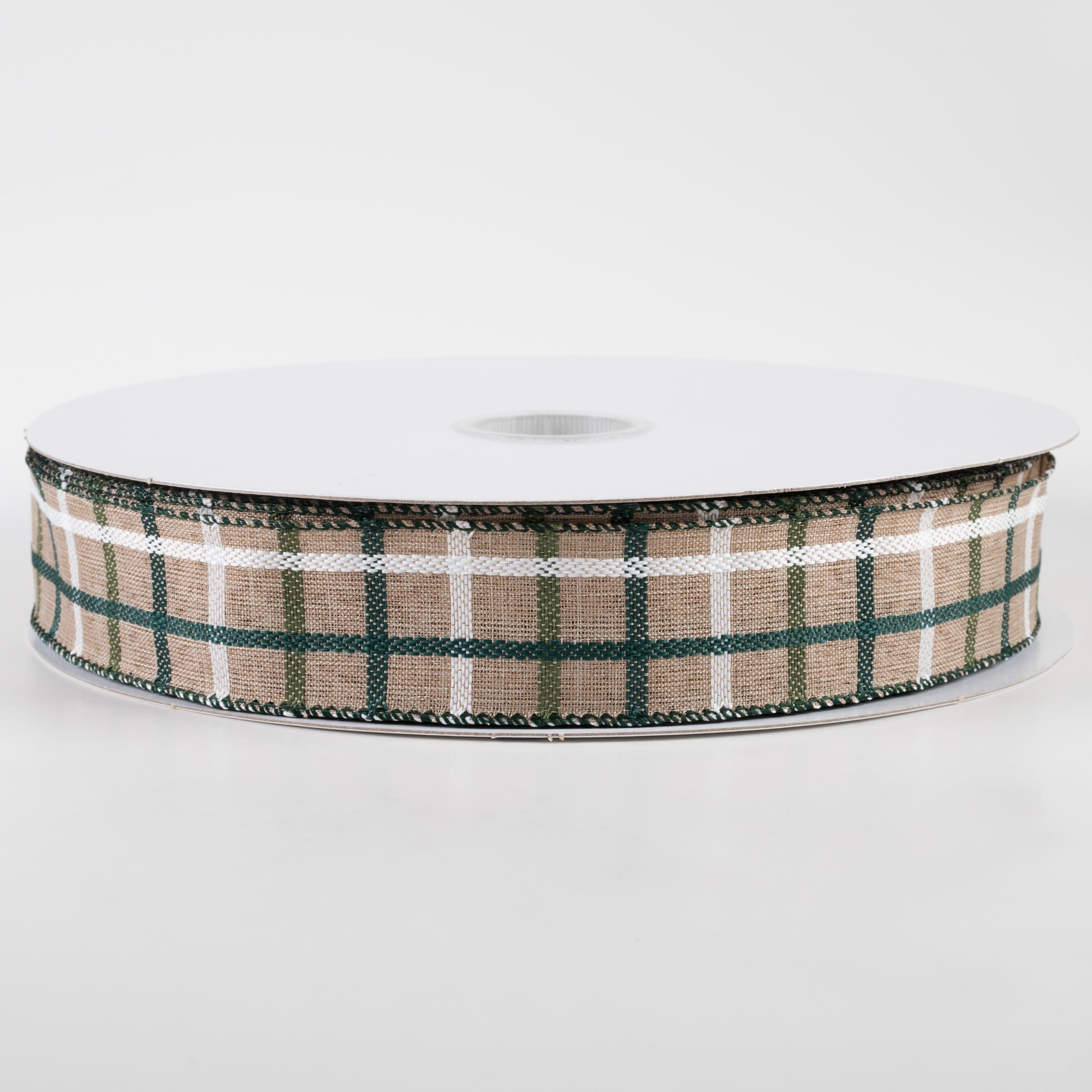 1.5" Woven Trellis Ribbon: White, Moss & Hunter Green on Natural (50 Yards)