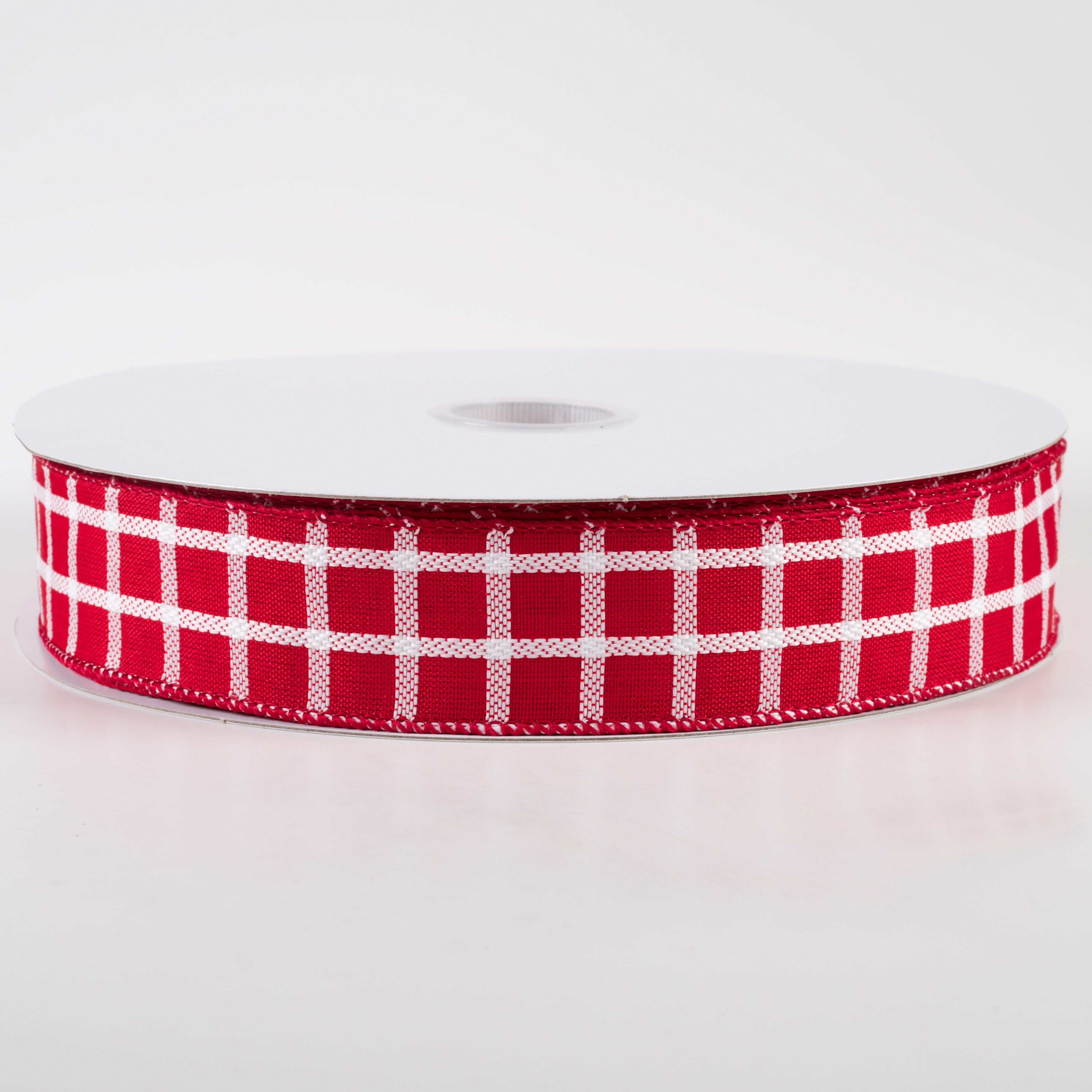1.5" Woven Trellis Ribbon: White on Red (50 Yards)