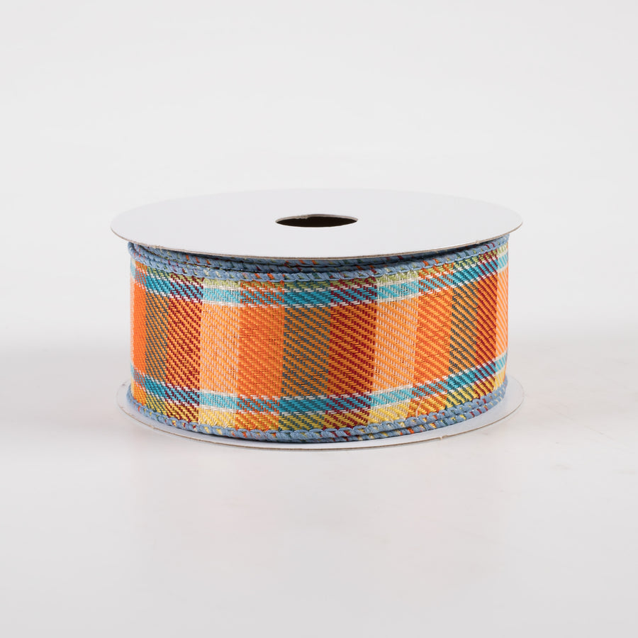1.5" Scarecrow Plaid Ribbon: Blue, Orange, Yellow (10 Yards)