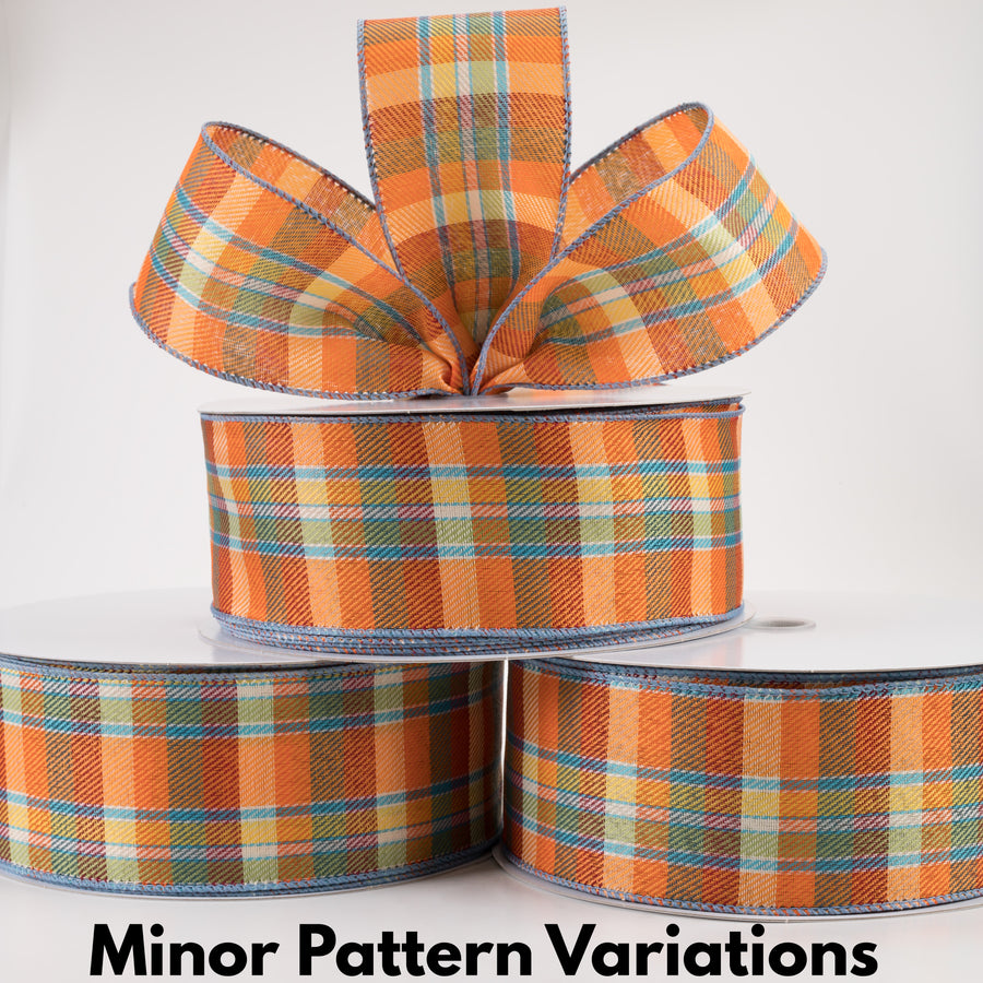 2.5" Scarecrow Plaid Ribbon: Blue, Orange, Yellow (50 Yards)