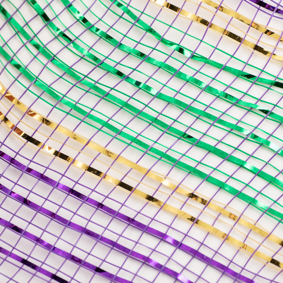 10" Poly Deco Mesh: Metallic Purple, Green & Gold Stripes (10 Yards)