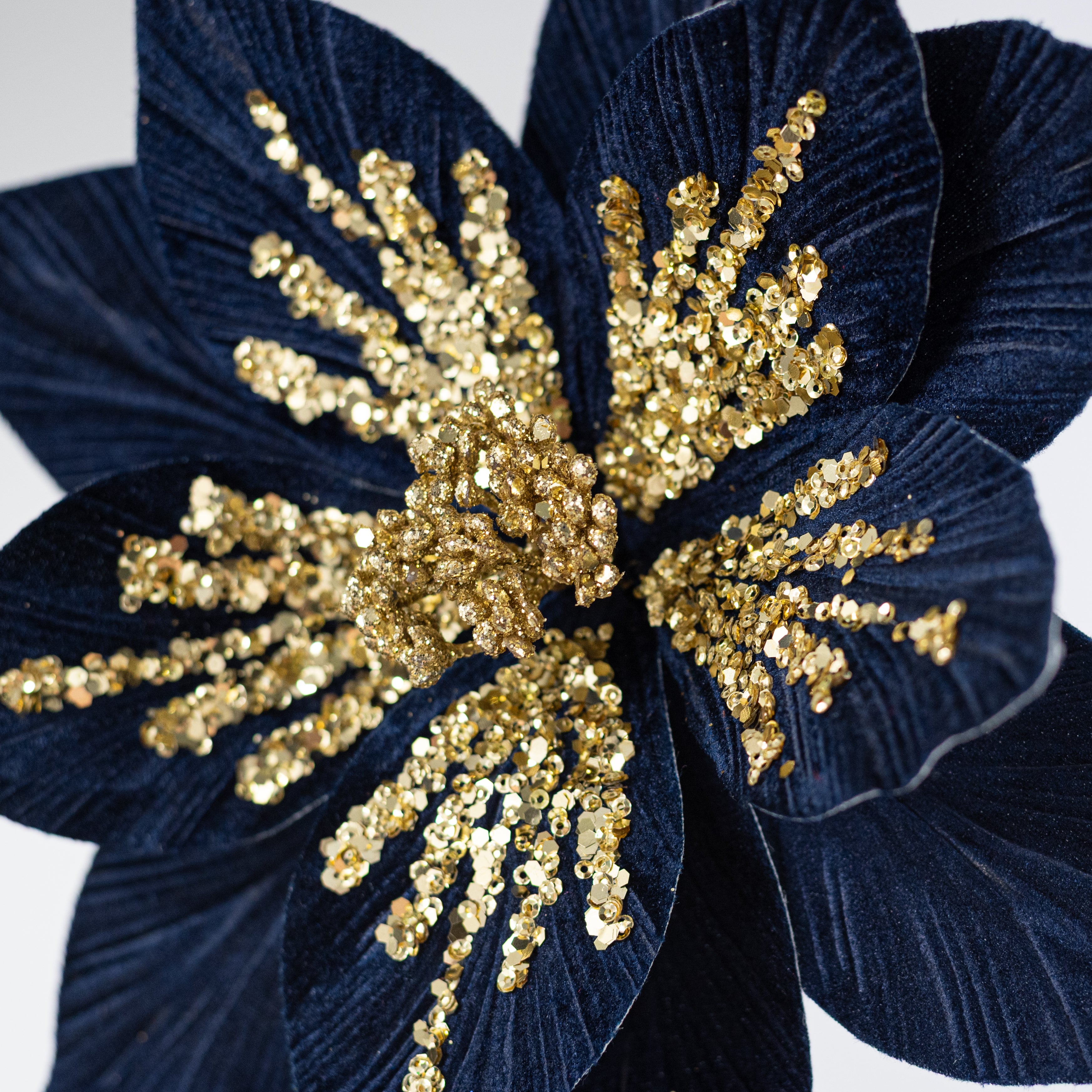 11" x 22" Sequined Velvet Poinsettia Stem: Navy & Gold