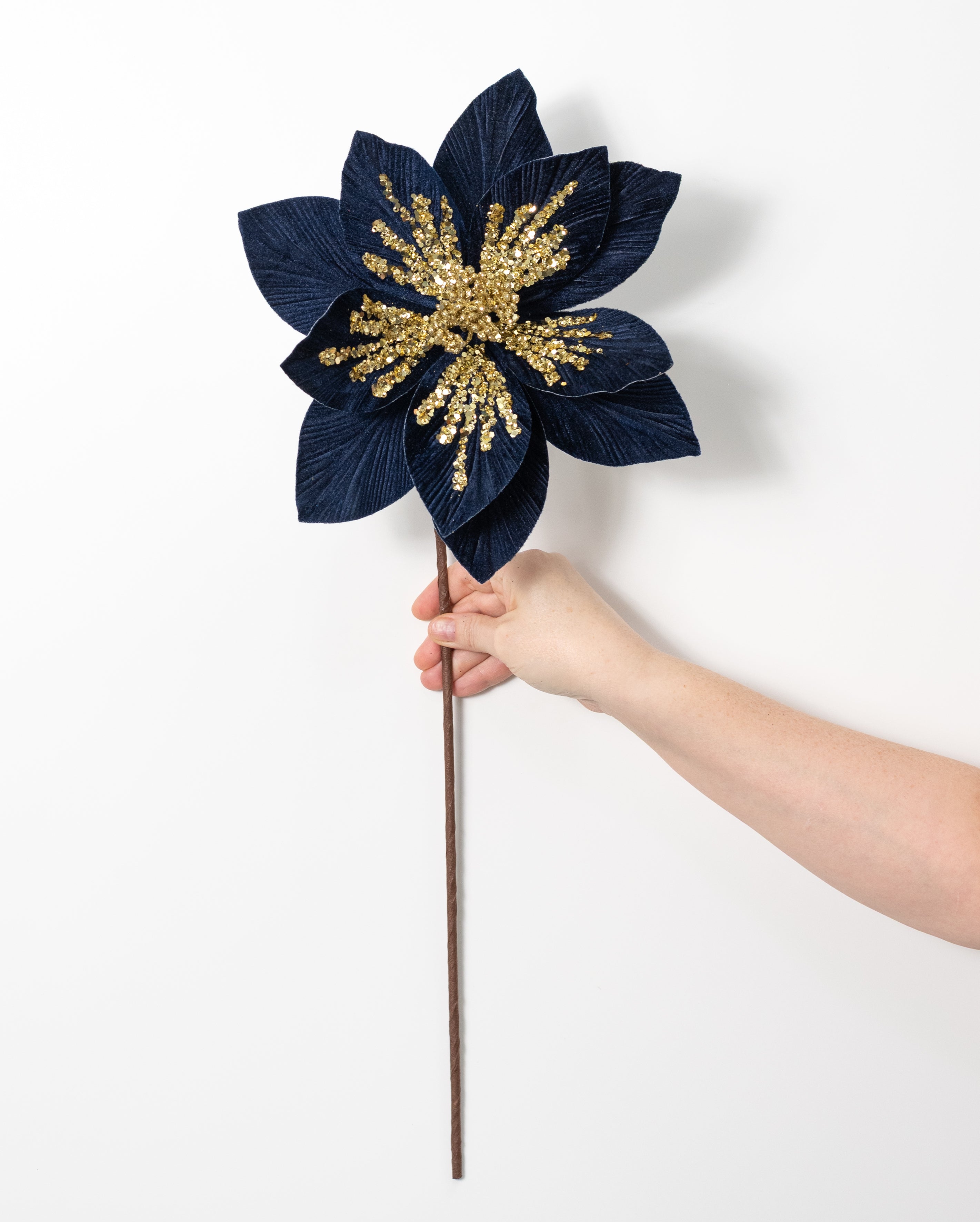 11" x 22" Sequined Velvet Poinsettia Stem: Navy & Gold