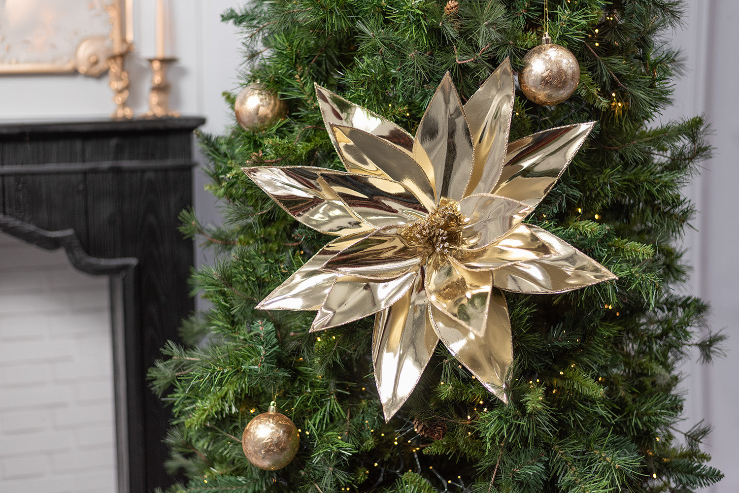 20" x 29" Jumbo Metallic Poinsettia Stem: Mirror Champagne Gold