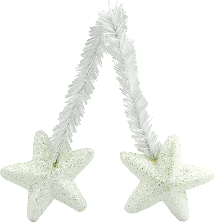 6" White Tinsel Ties w/ Stars: Iridescent White (Set of 12)