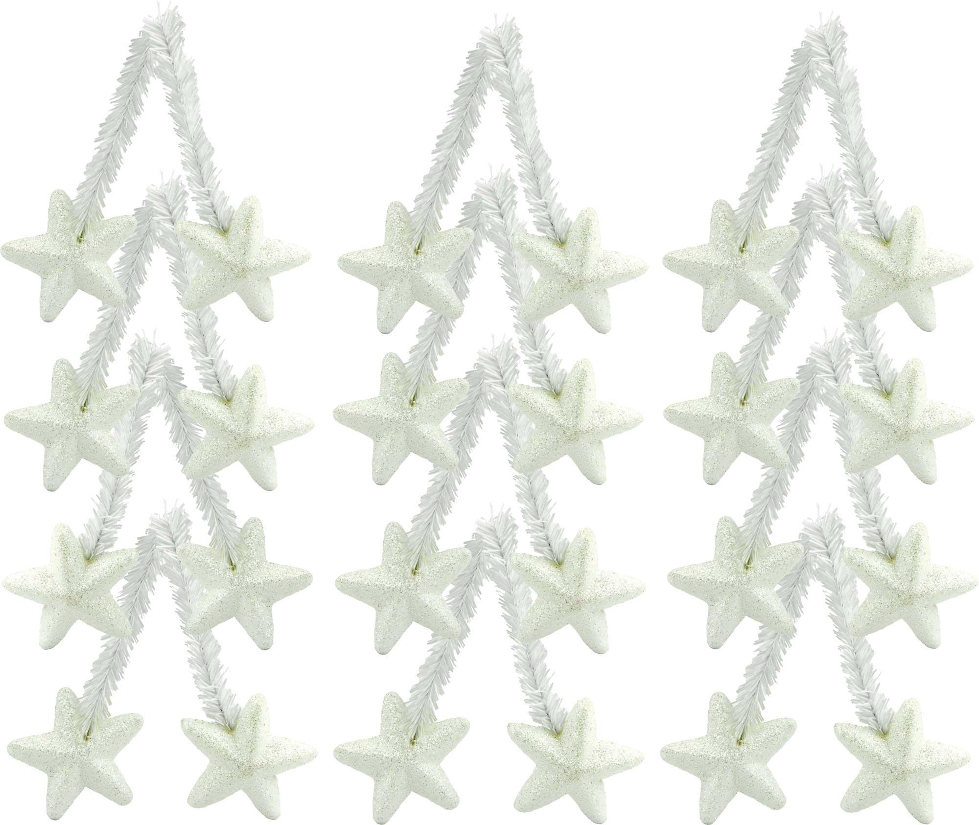 6" White Tinsel Ties w/ Stars: Iridescent White (Set of 12)