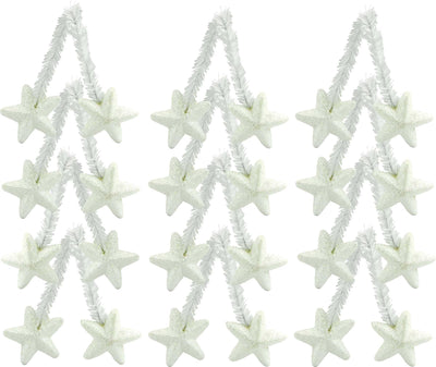 6" White Tinsel Ties w/ Stars: Iridescent White (Set of 12)