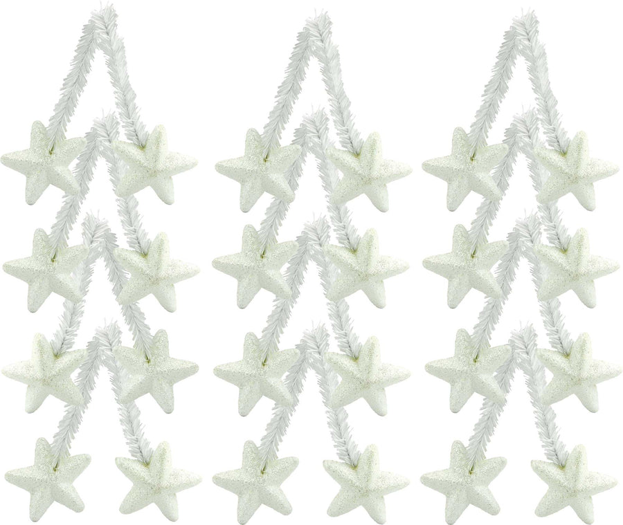 6" White Tinsel Ties w/ Stars: Iridescent White (Set of 12)