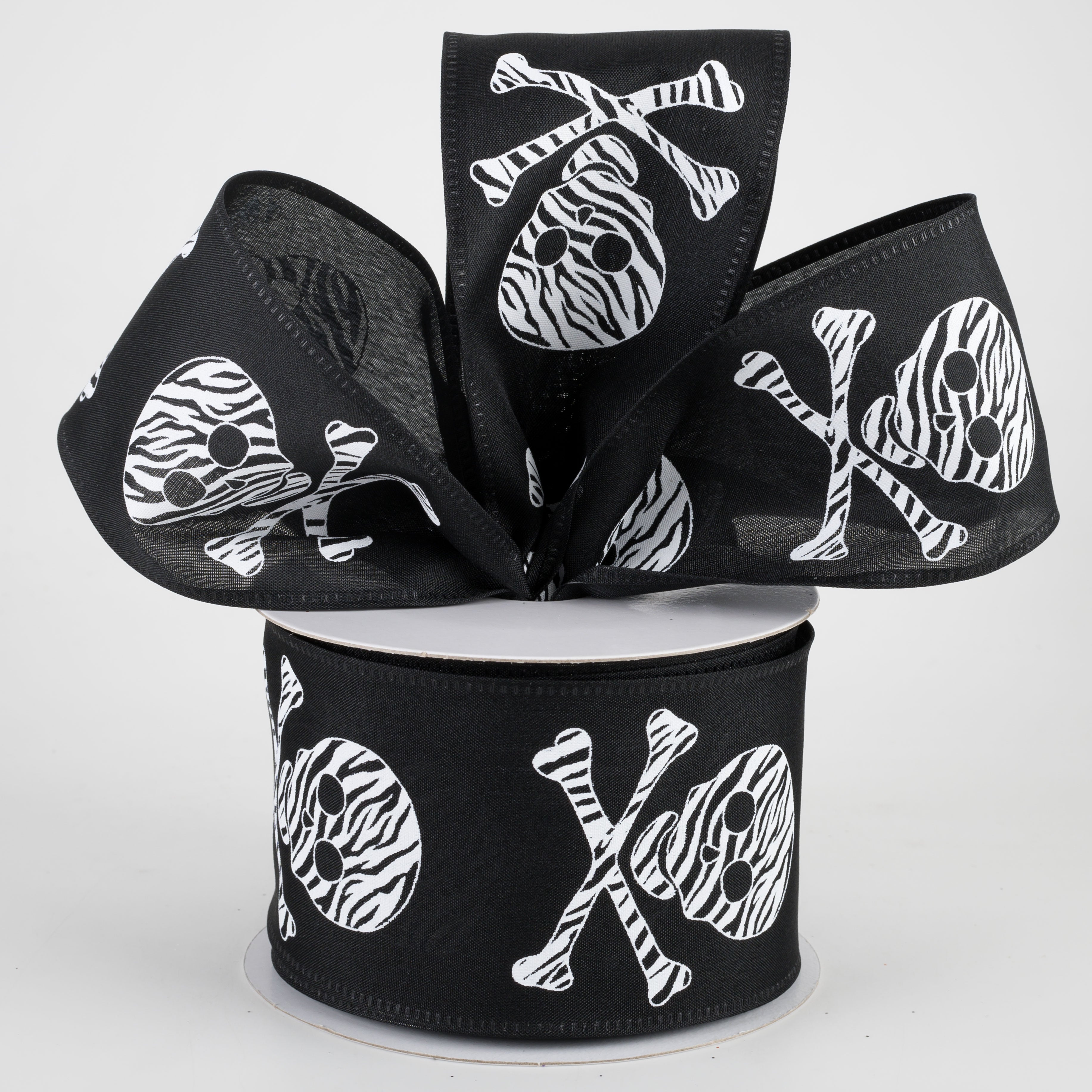 2.5" Zebra Stripe Skull & Crossbone Satin Ribbon: Black (10 Yards) Lifestyle Photo