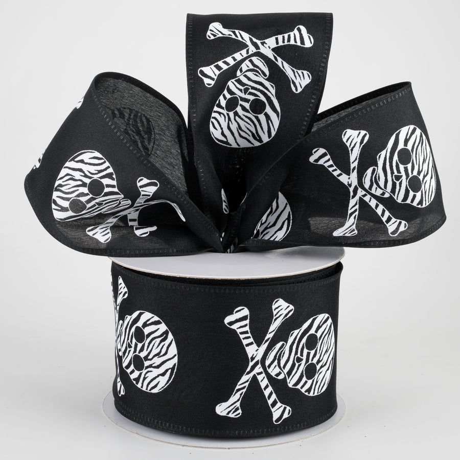 2.5" Zebra Stripe Skull & Crossbone Satin Ribbon: Black (10 Yards) Lifestyle Photo