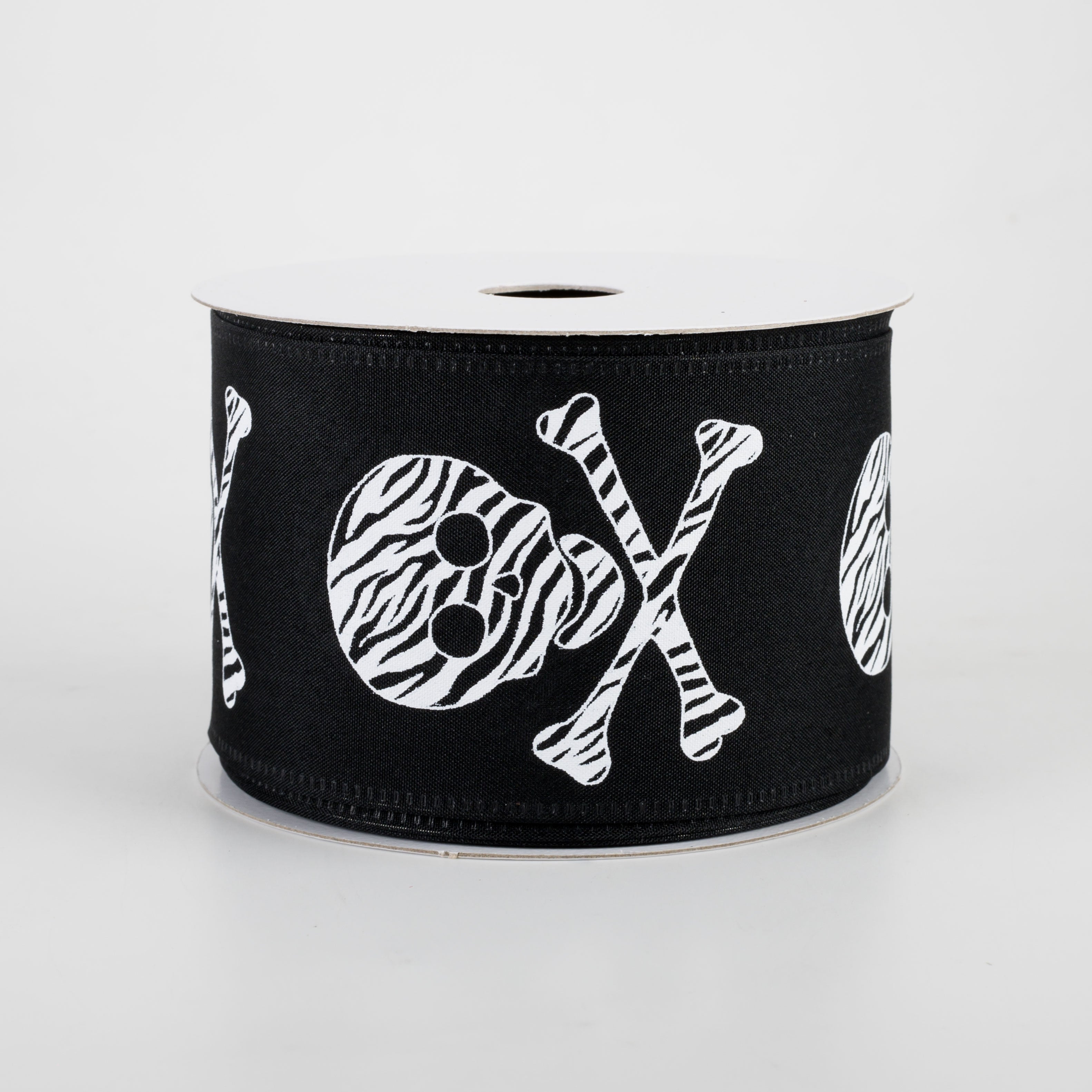 2.5" Zebra Stripe Skull & Crossbone Satin Ribbon: Black (10 Yards)