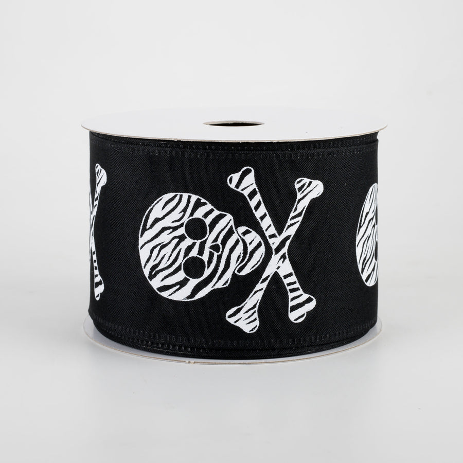 2.5" Zebra Stripe Skull & Crossbone Satin Ribbon: Black (10 Yards)