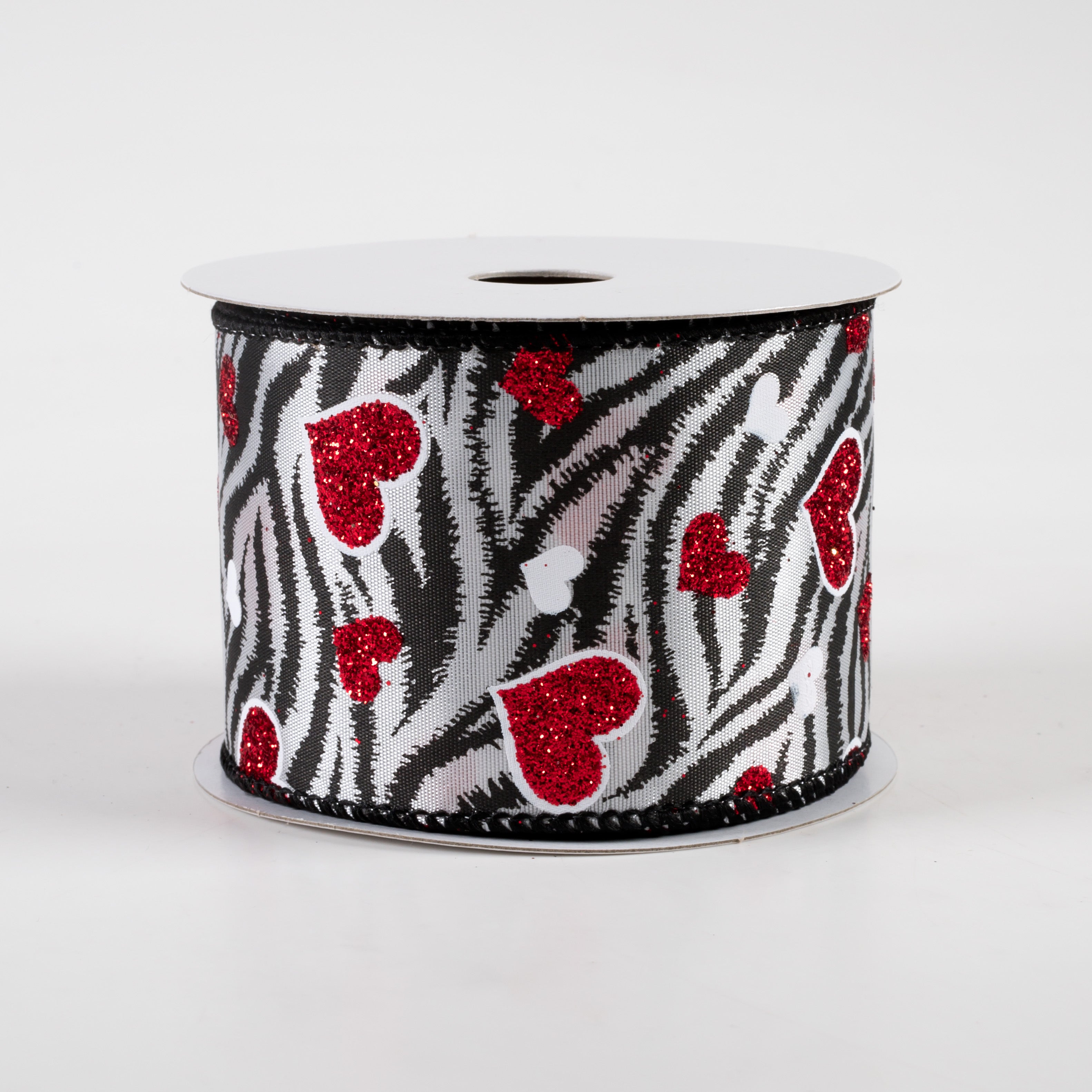2.5" Zebra Stripes & Red Glitter Hearts Satin Ribbon (10 Yards) Item Number: 11306-40-21