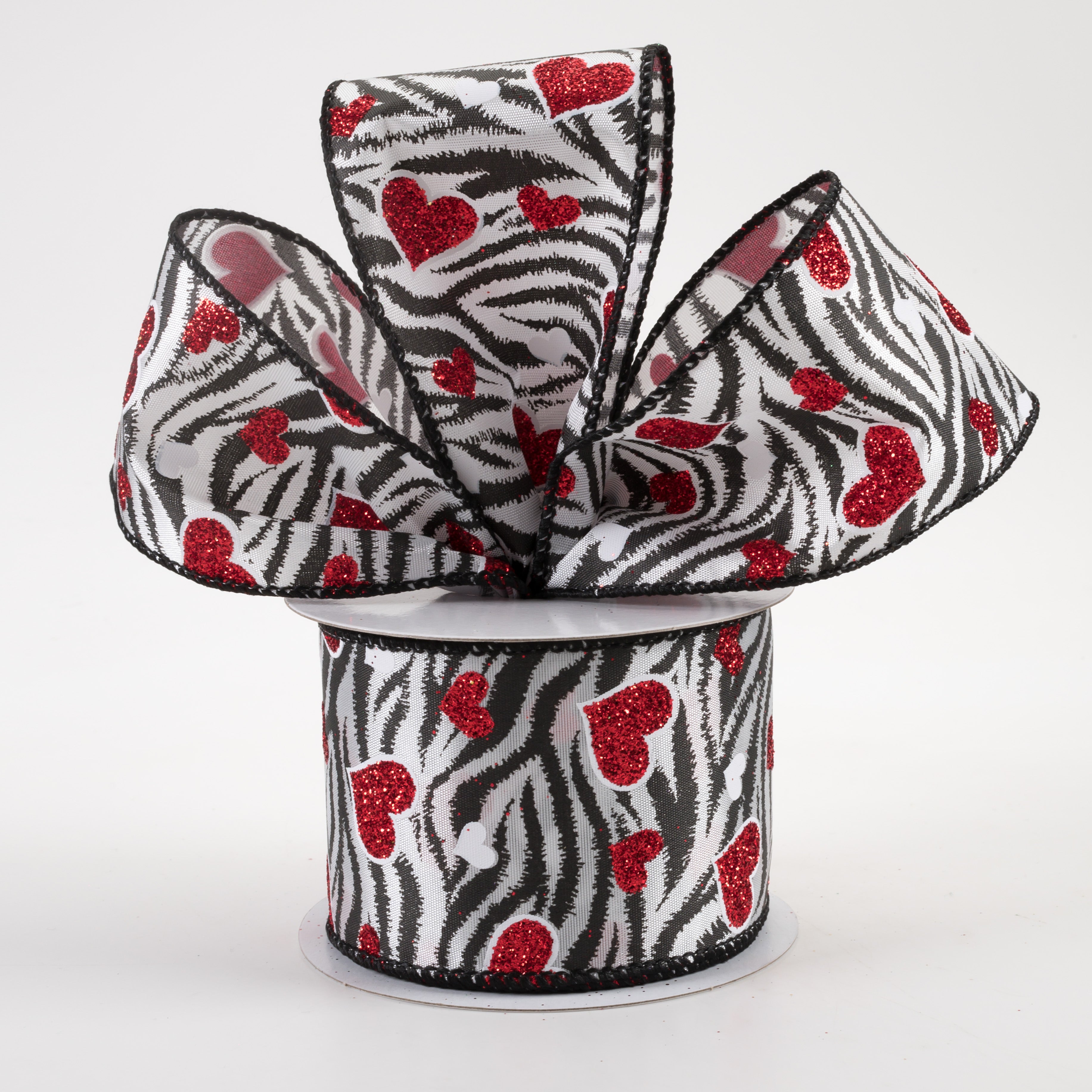 2.5" Zebra Stripes & Red Glitter Hearts Satin Ribbon (10 Yards) Lifestyle Photo
