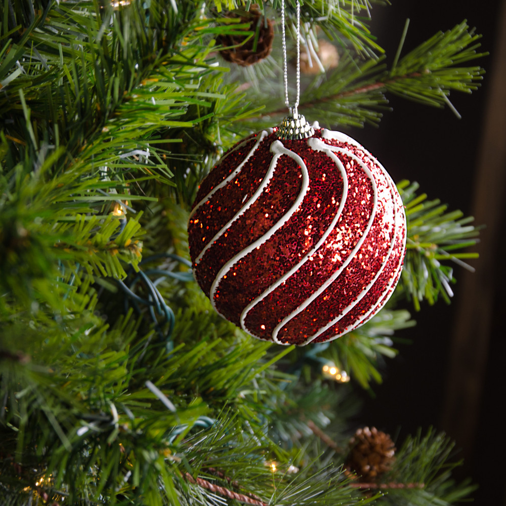 100MM Metallic Ball Ornament (Set of 4): Red Glittered Stripe [20301 ...