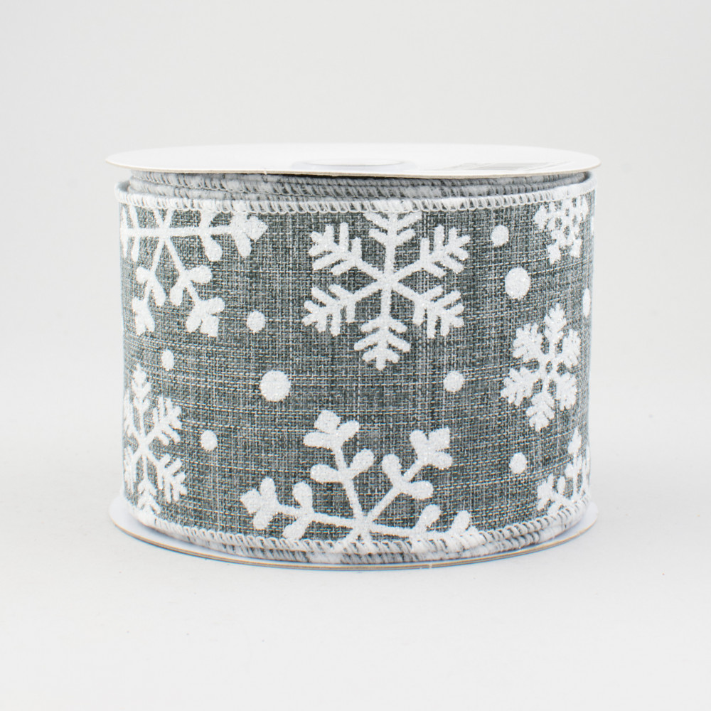 2.5 inch by 10 Yard Black Background with Silver Glitter Snowflake Ribbon