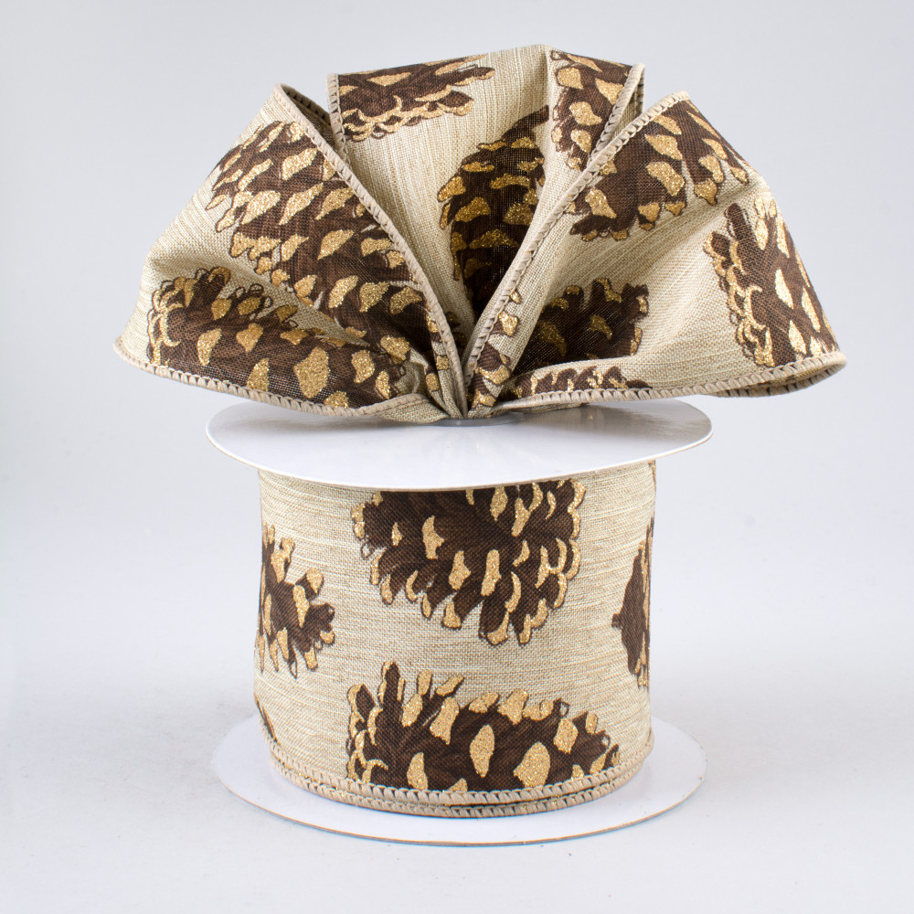 Details about   Natural Canvas Glittered Pinecone Ribbon 2.5" W x 10 yards 