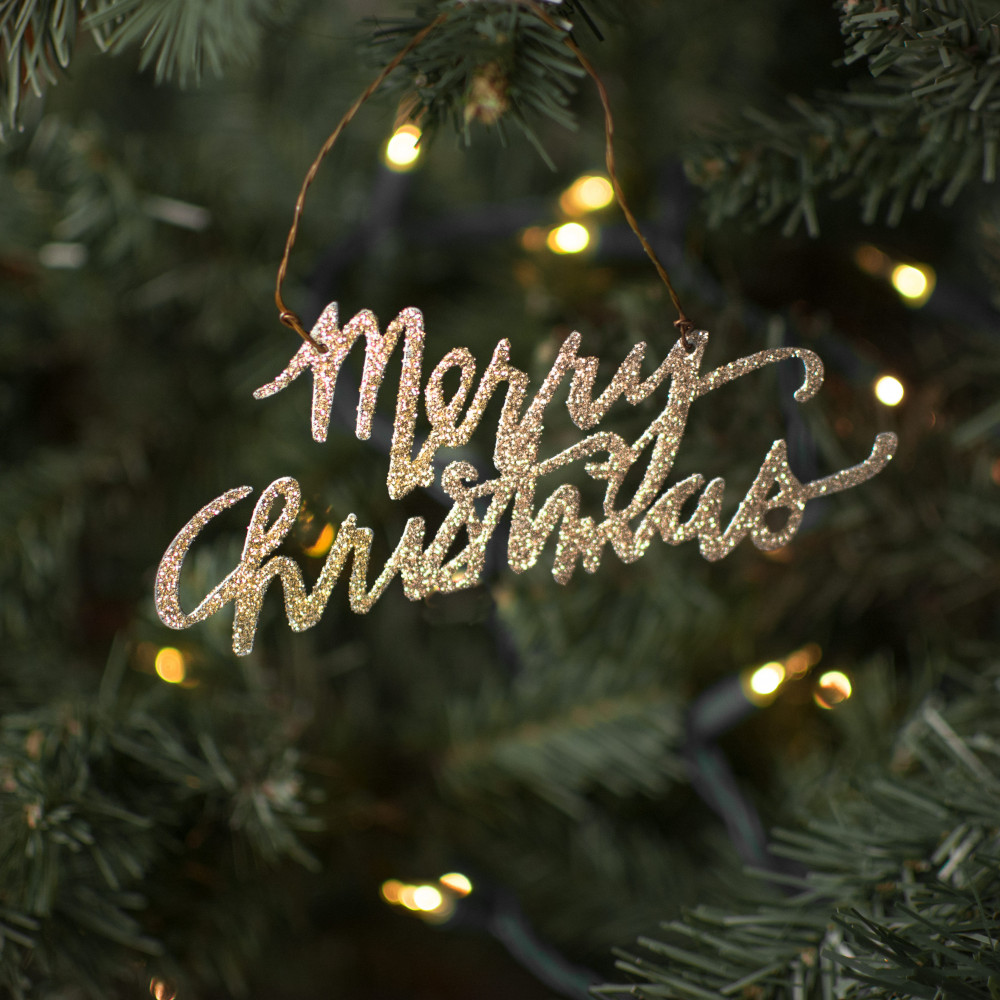 Gold Glitter Tin Word Believe Ornament PBK Christmas Decor