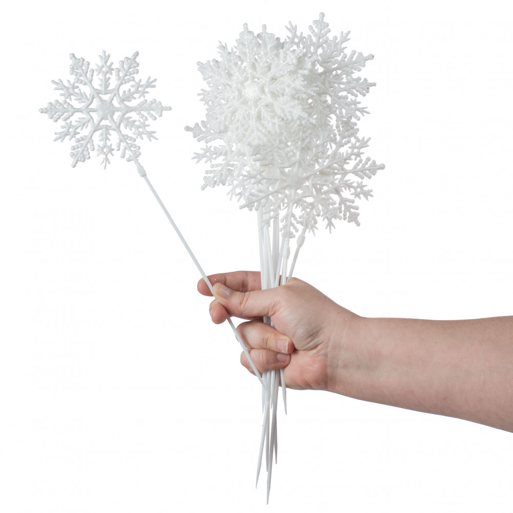 12 Snowflake Picks On Wooden Sticks White Christmas Picks 