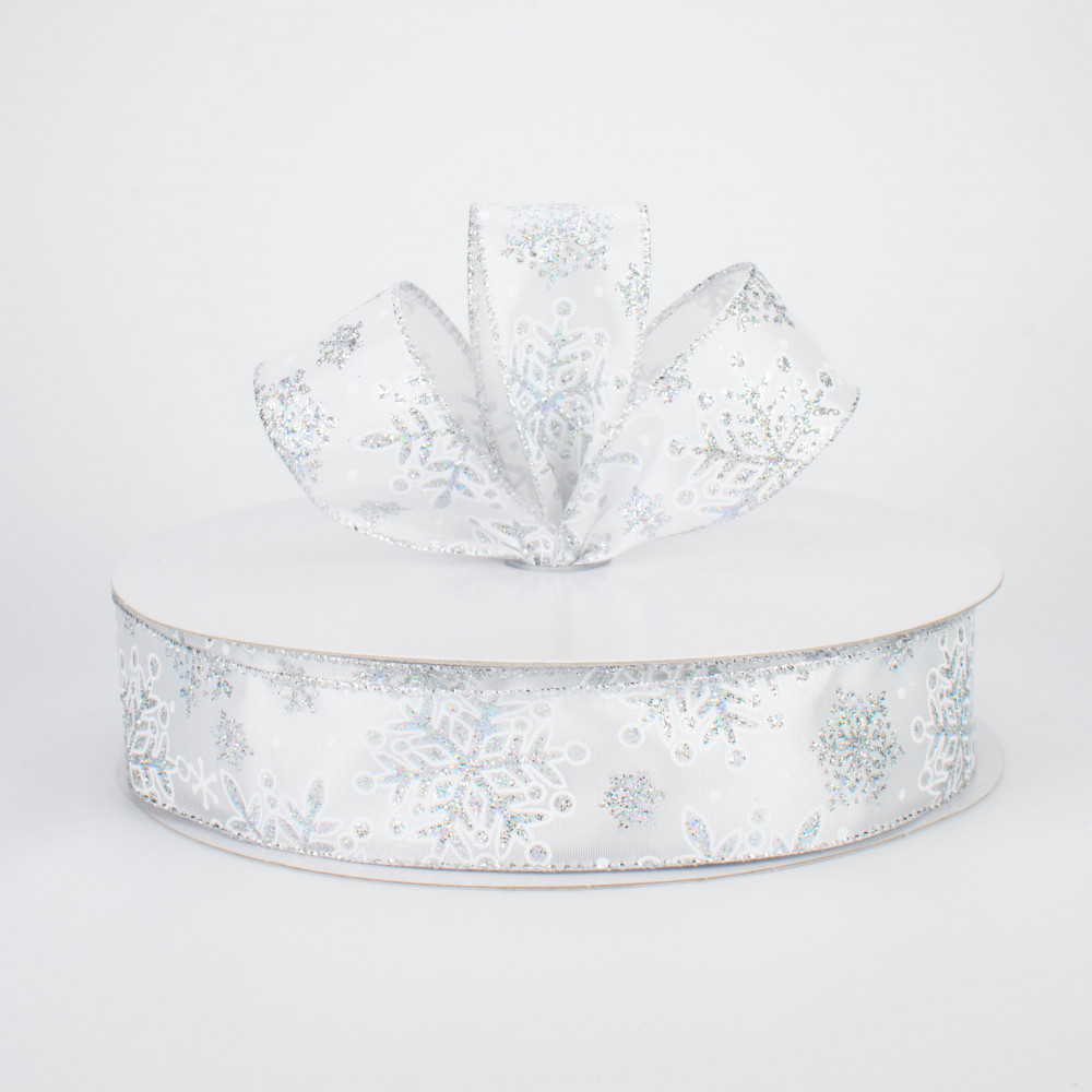 4” x 10 Yard Silver Glitter Snowflake on Lame Ribbon