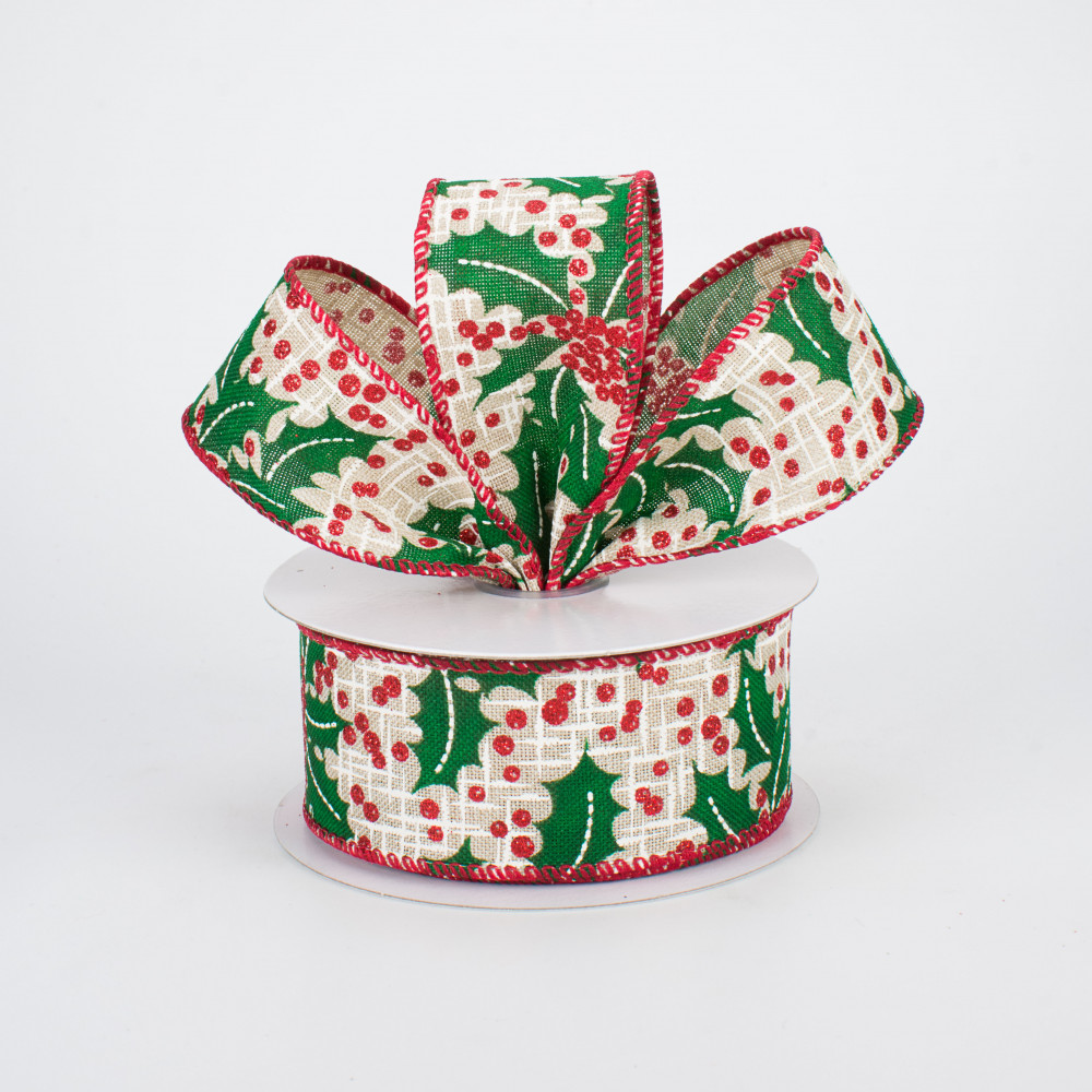 10 Yards - 1.5 Wired Cream Background Red Berry Winter Ribbon with Glitter  Accent