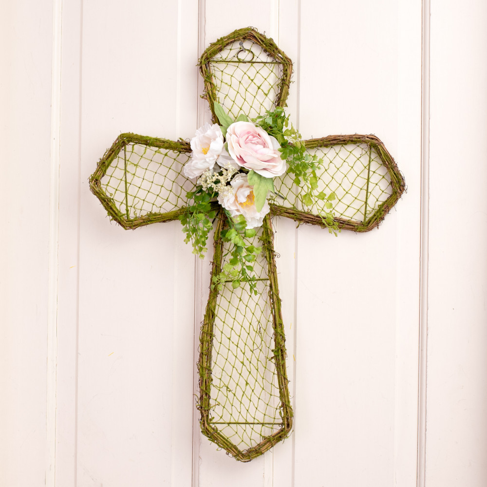 Floral Chicken Wire Cross, Spring Grapevine, Easter Twig Cross