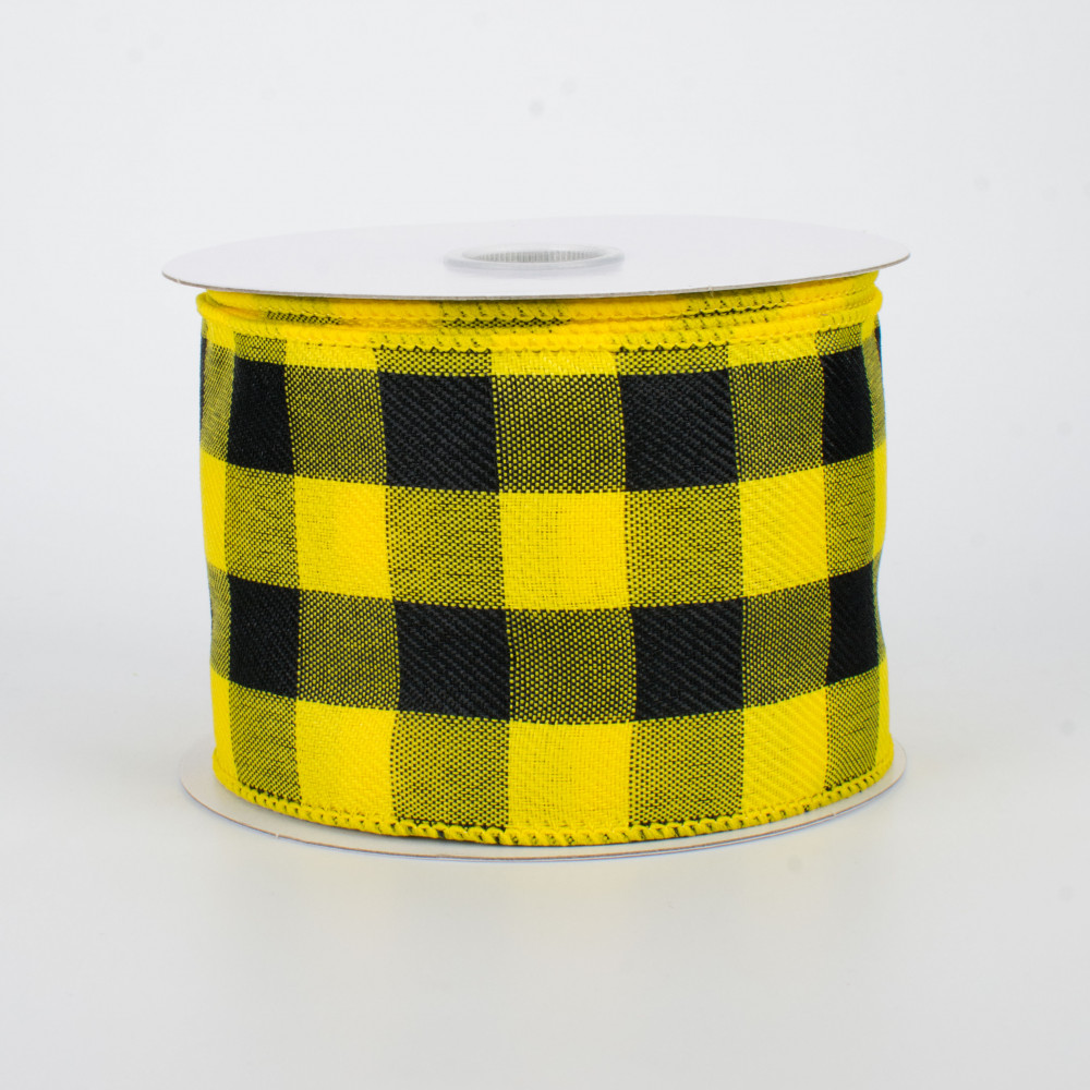 2.5 Linen Check Buffalo Plaid Ribbon: Black & Yellow (10 Yards