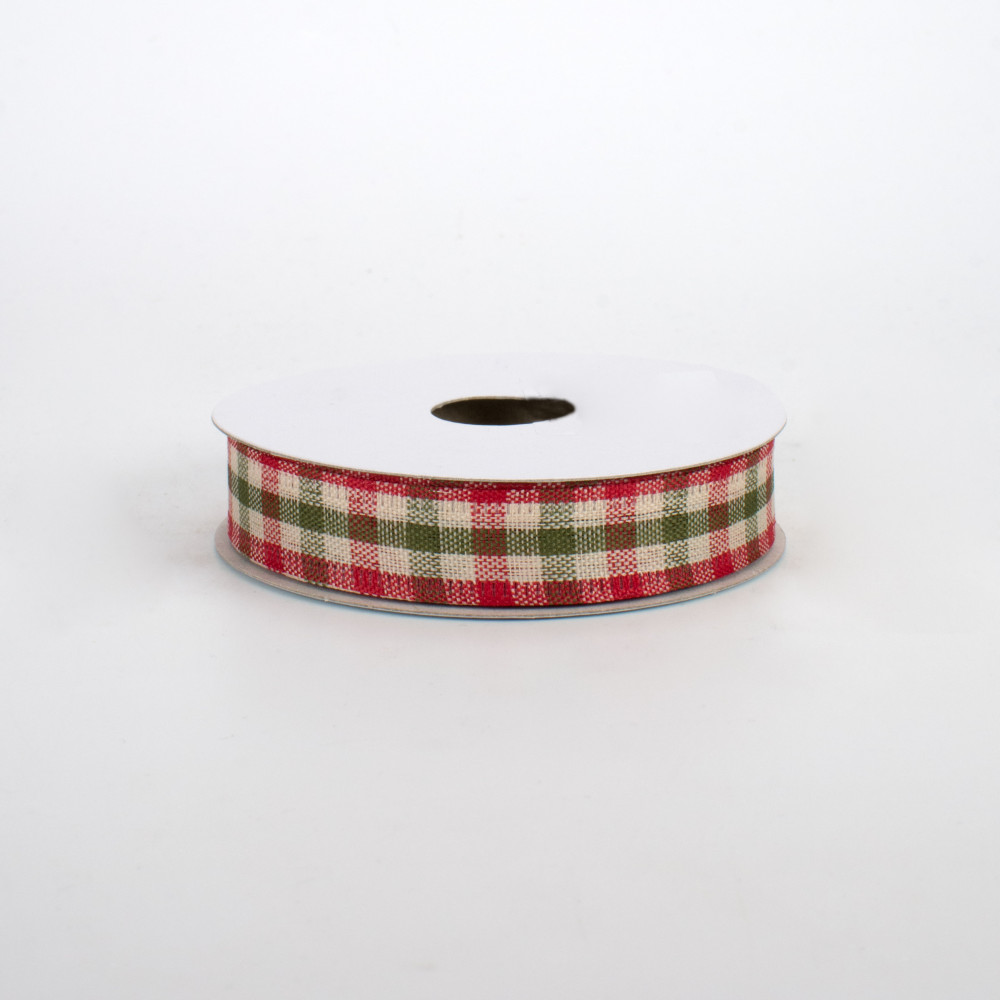 5/8 Primitive Gingham Check Ribbon: Red, Moss, Ivory (10 Yards)  [RG013952F] 