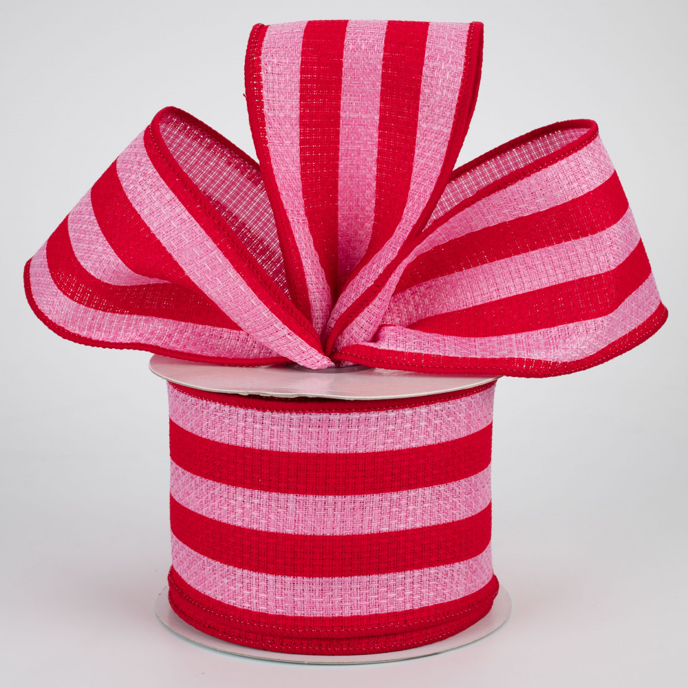 2.5 Vertical Stripe Faux Burlap Ribbon: Pink & Red (10 Yards)