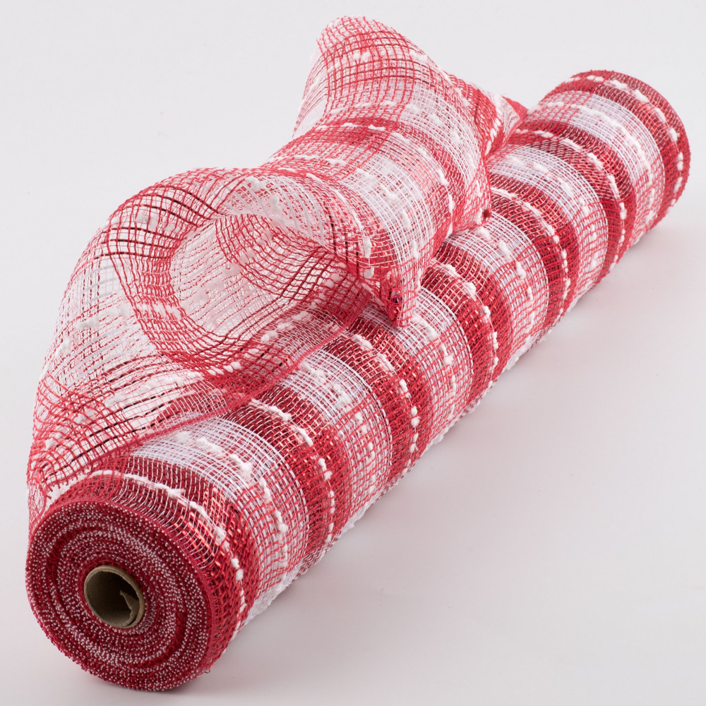 Red Metallic Deco Mesh with Snowball design 21 inches by 10 yards 
