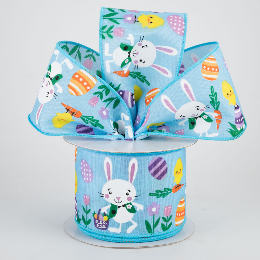 Wired Easter Ribbon - 2.5 White Satin Ribbon with Pastel Easter Bunnies,  Chicks & Eggs - 10 Yards