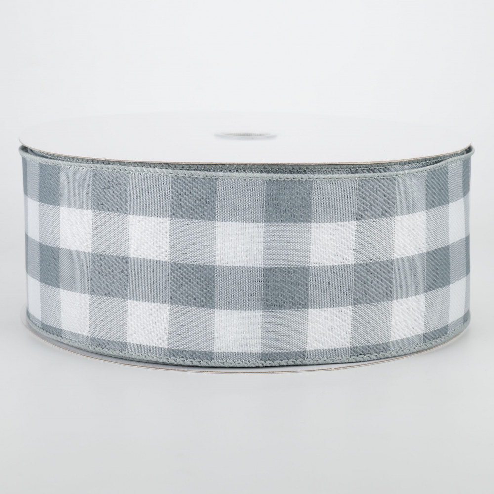  Ribbli Grey and White Check Wired Ribbon, 2-1/2 Inch x
