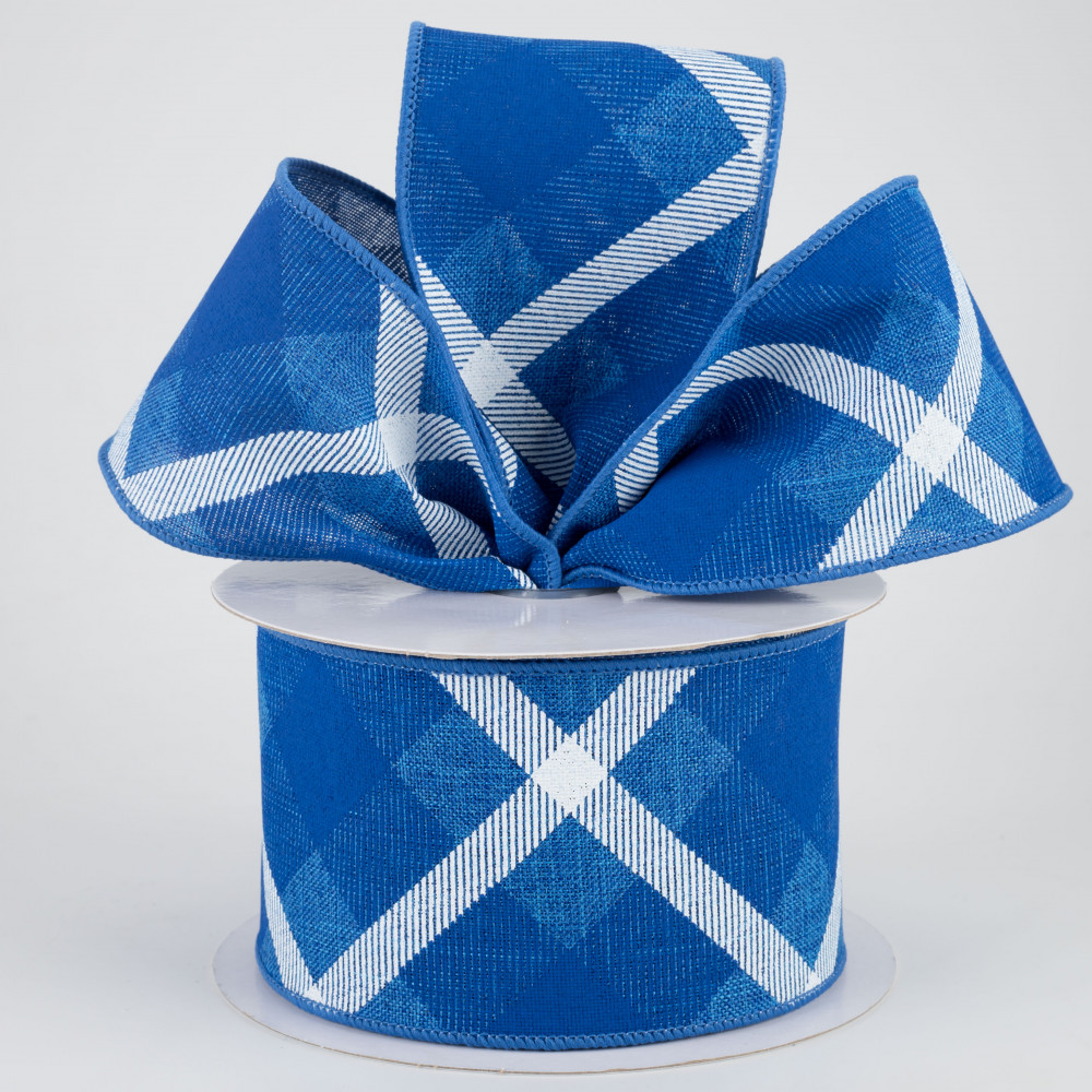 2.5 Printed Plaid Check Ribbon: Royal Blue & White (10 Yards