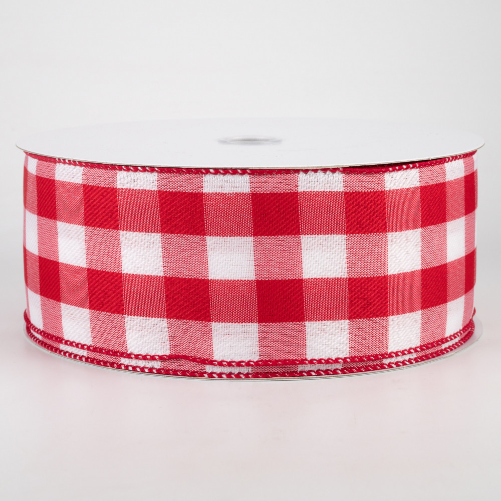 2.5 Linen Check Buffalo Plaid Ribbon: Red & White (50 Yards)